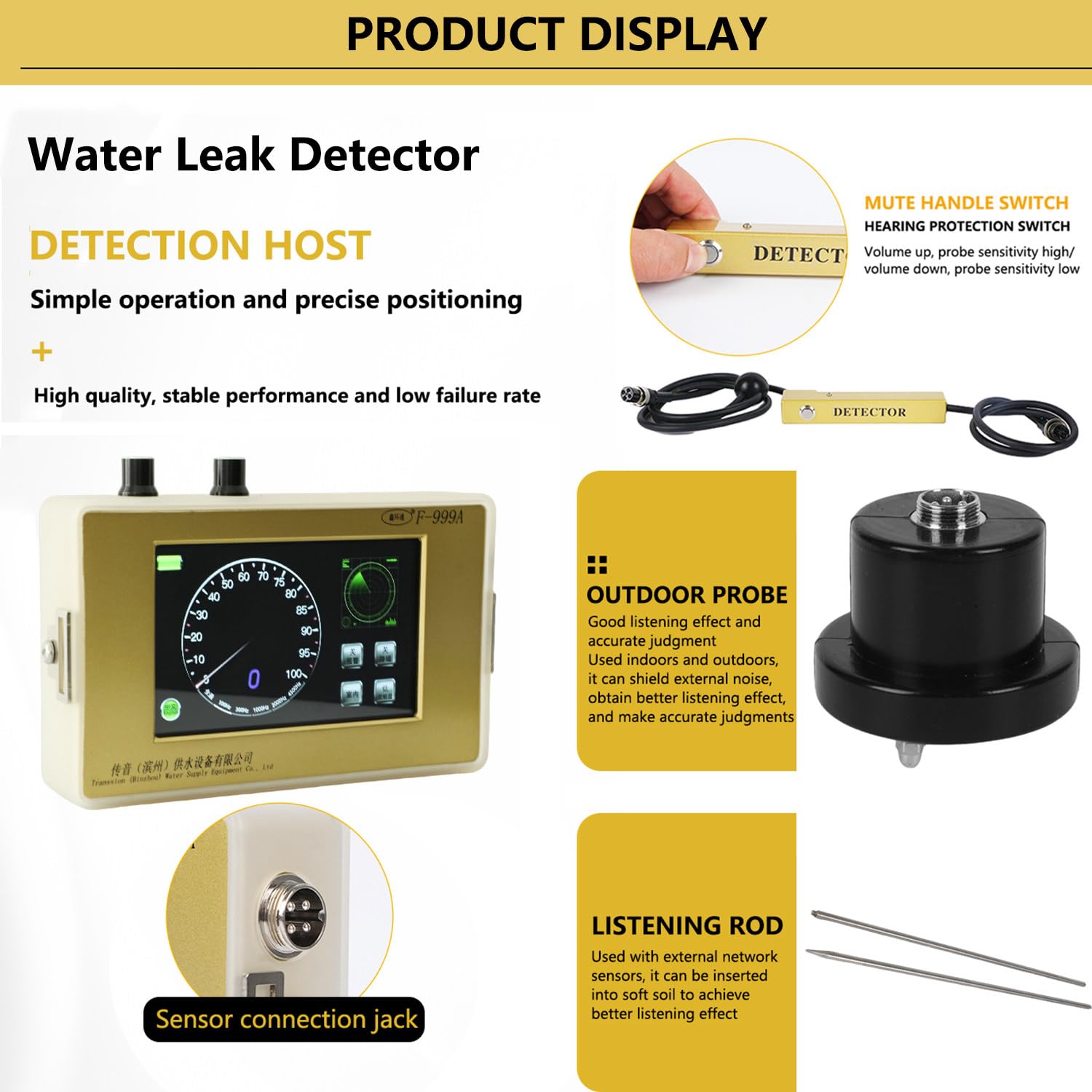 Rilevatore di perdite d'acqua professionale con auricolare, touch screen e sonda per interni ed esterni, ideale per la costruzione e il rilevamento di perdite di condutture