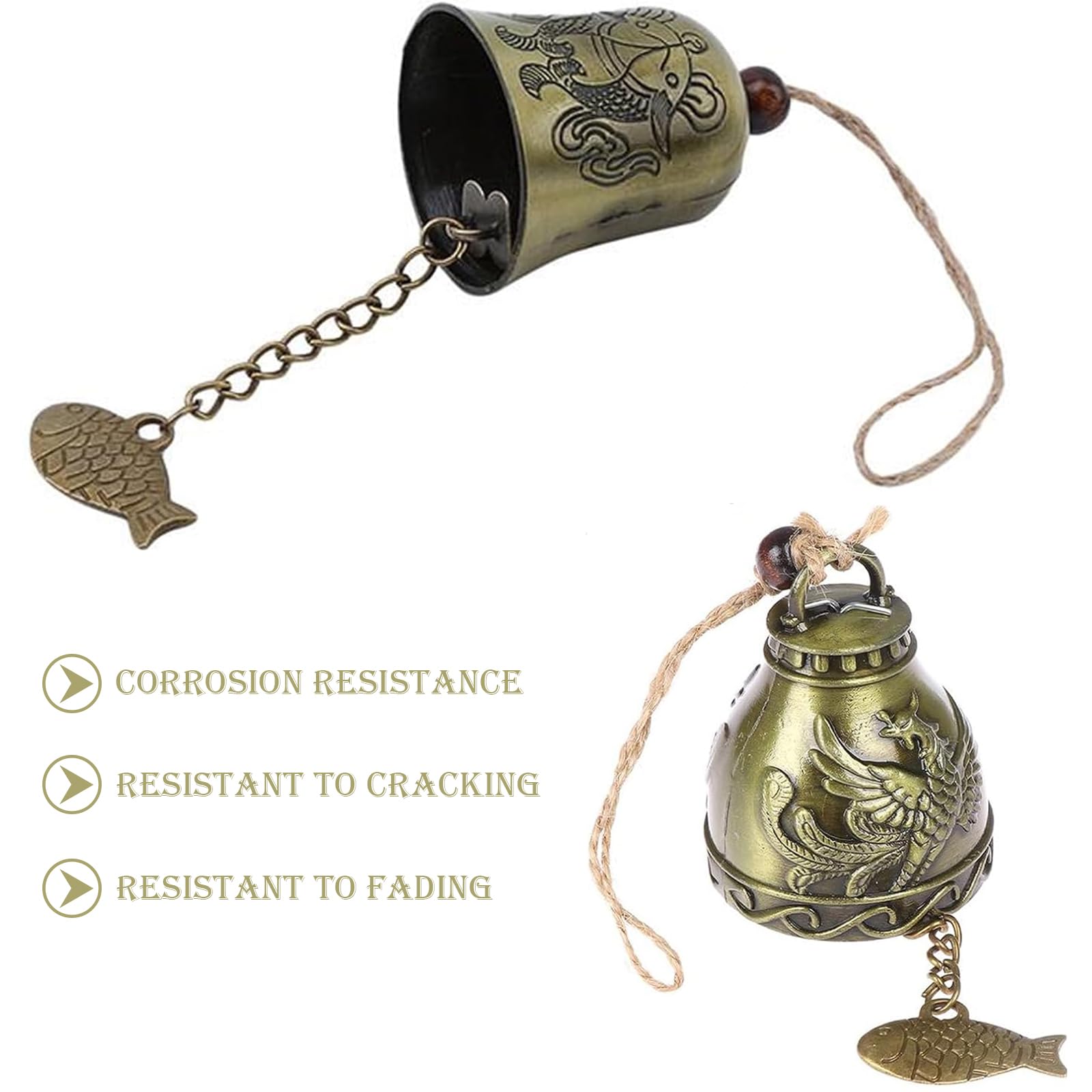 4 Pezzi Campanelli Eolici Feng Shui, Campanelli Eolici Cinesi Fengshui, Motivo Pesce Drago, Vintage Campana d'Epoca, per Giardino di Casa