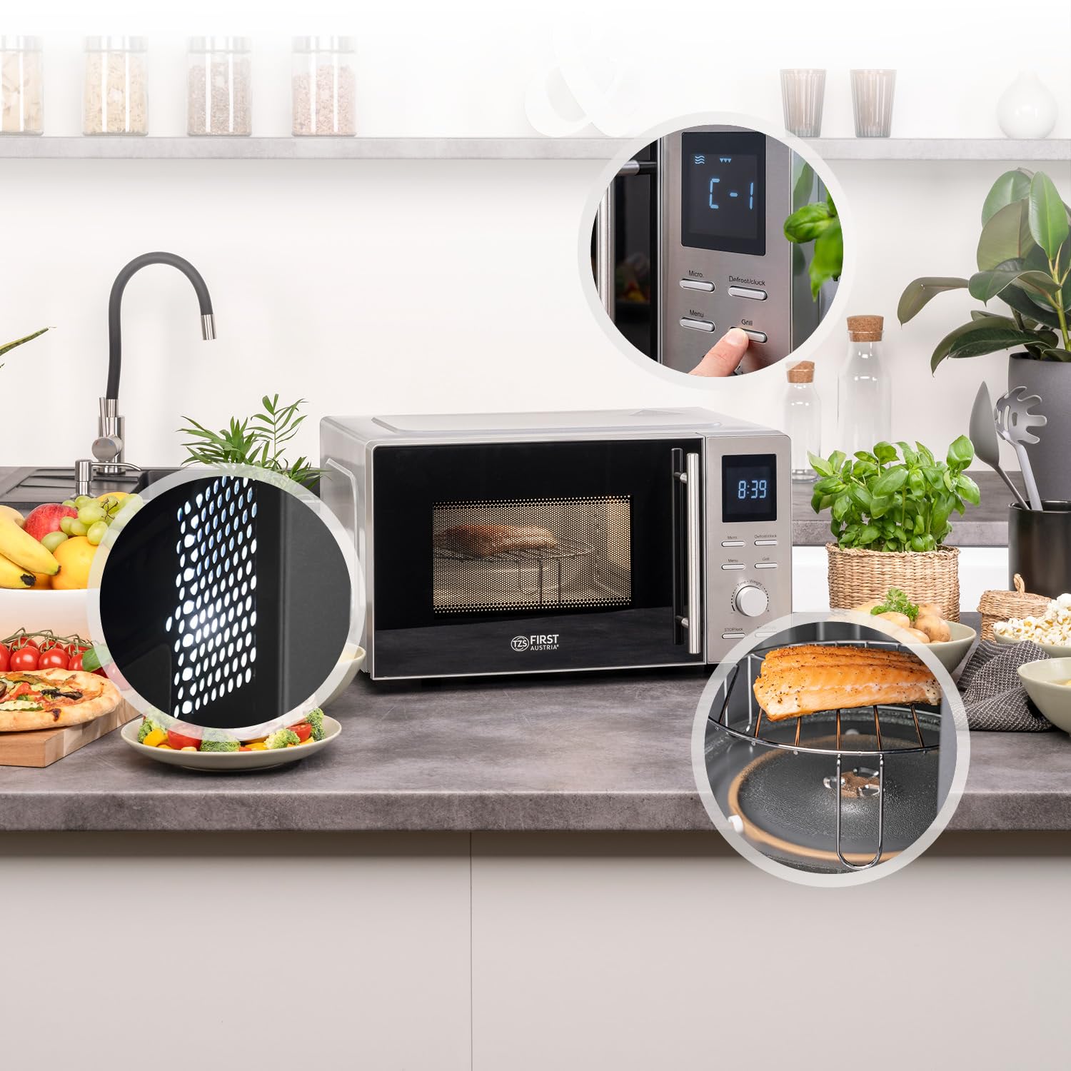 TZS First Austria microondas con función grill | 20L de capacidad (bruta) | función de inicio rápido | pantalla LCD | 8 programas automáticos | acero inoxidable
