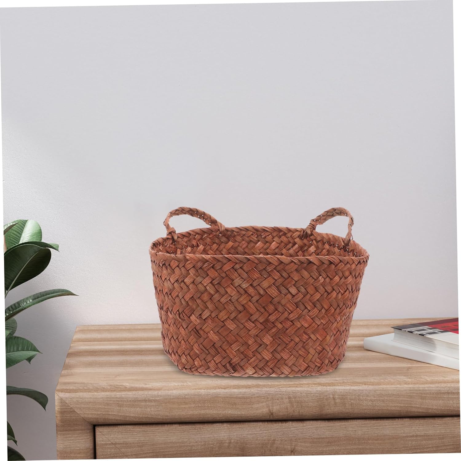 Outanaya Woven Trash Storage Basket Compact Straw Wastebasket for Home Office and Bedroom Multi-purpose Round Trash Can for Desktop Organization and Decor