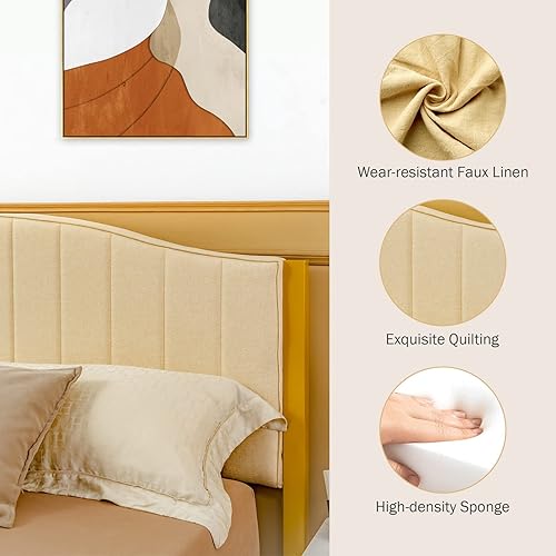 Miniatura 5 de Giantex Base de cama tapizada tamaño Queen, base de cama moderna con cabecera acolchada, base de colchón con soporte de listones de madera maciza,