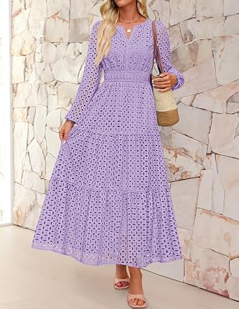 ZESICA Women's 2026 Fall Long Sleeve Eyelet Maxi Dress