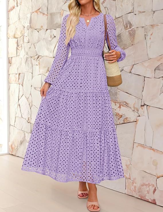 ZESICA Women's 2026 Fall Long Sleeve Eyelet Maxi Dress