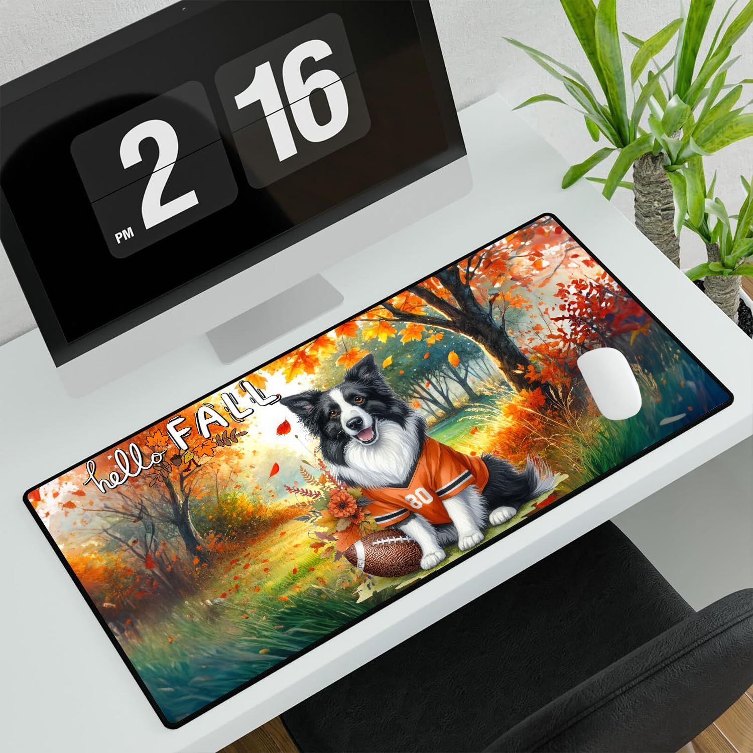 Hello Fall Border Collie Football Welcome Autumn with Leaves Pumpkins Desk Mat Full Keyboard Mouse Pad Borders Dog Breed Lovers Gifts Idea Large Mousepad - 012
