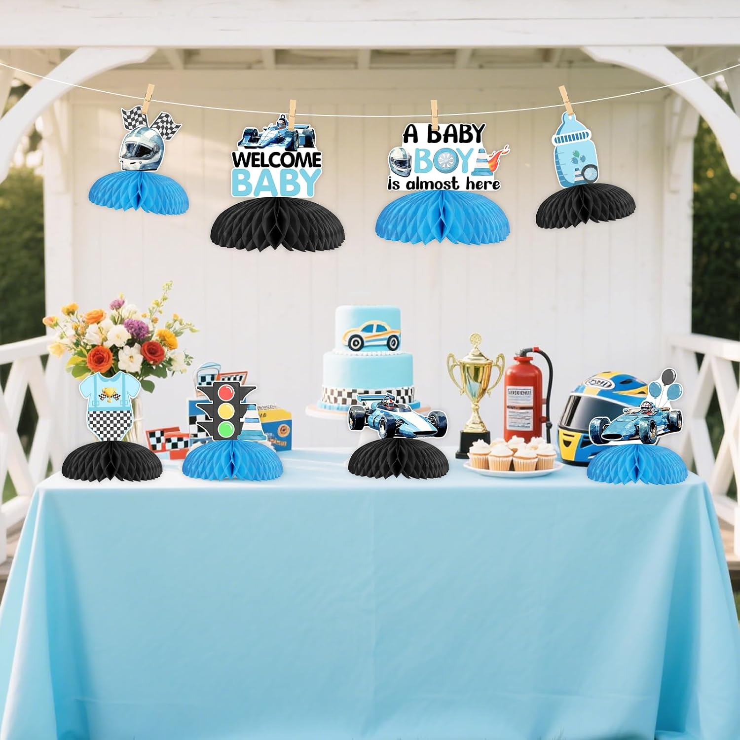 8 Pieces Vintage Blue Race Car Baby Shower Honeycomb Centerpieces - A Baby Boy is Almost Here Table Decorations, Double Sided Racing Car Table Toppers for Pregnancy Celebration Newborn Party
