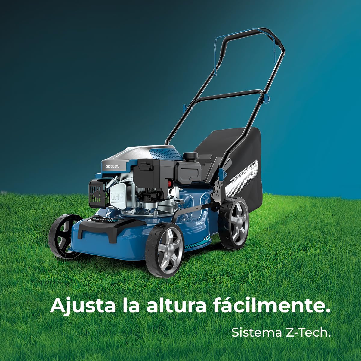 Cecotec Cortacésped de Gasolina Motor 144cc Terrenator 2700.41 Plus Total Z | Ancho de Corte 41cm, Cuerpo de Acero, Cambio de Altura Sistema Z-Tech, 3in1 con Mulching, Ruedas Traseras XL