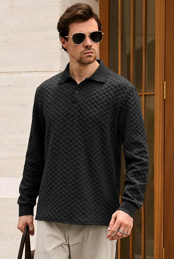 VOGSTART Men Texture Knit Long Sleeve Polo Shirt Collar Pullover Black XL by VOGSTART - Used condition - US$27.59