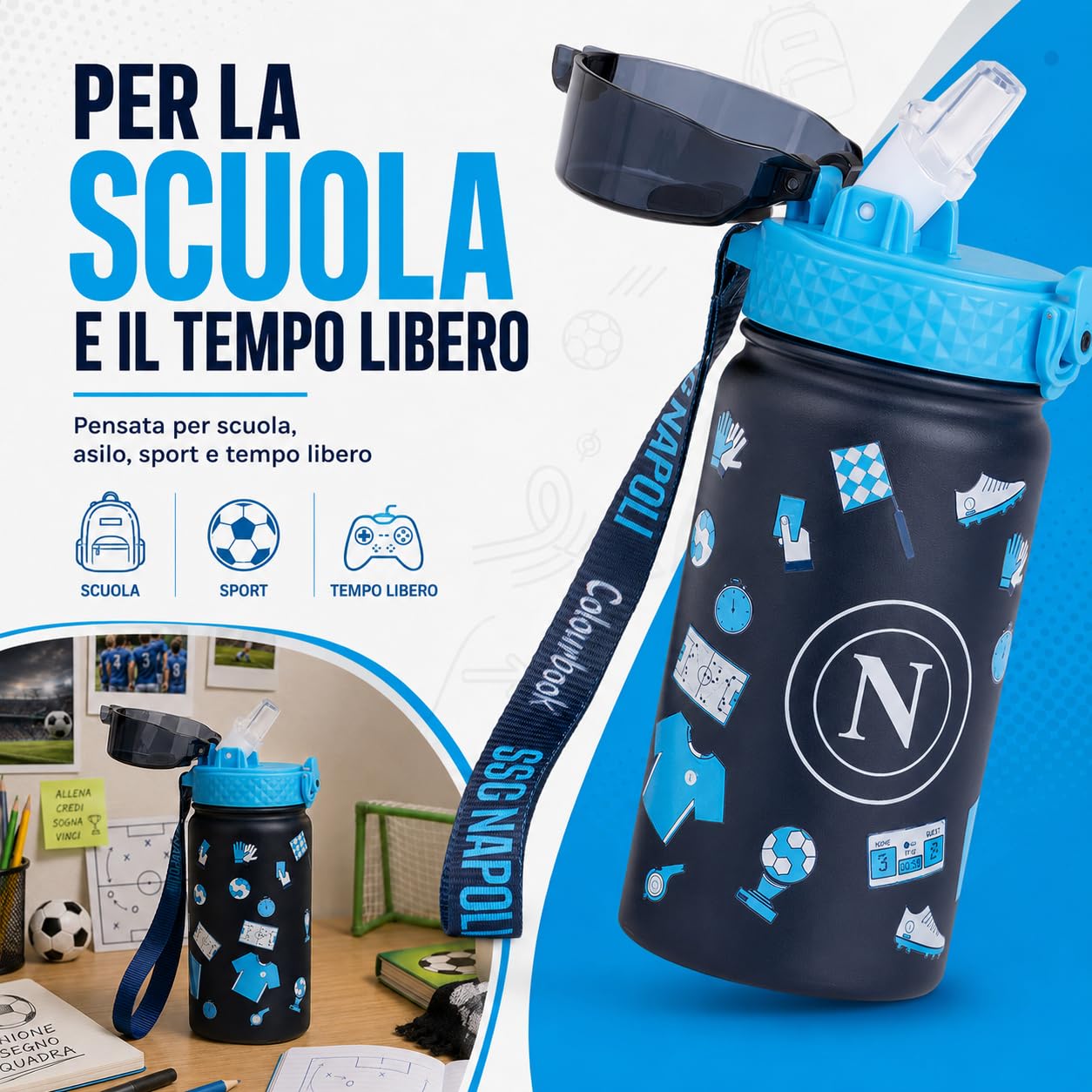 Colourbook Borraccia Termica Bambini 400 Ml Napoli Ufficiale, Acciaio Inox, 12 Ore Caldo Freddo, Beccuccio Silicone, Per Scuola Asilo Sport Piccoli Tifosi (Blu)