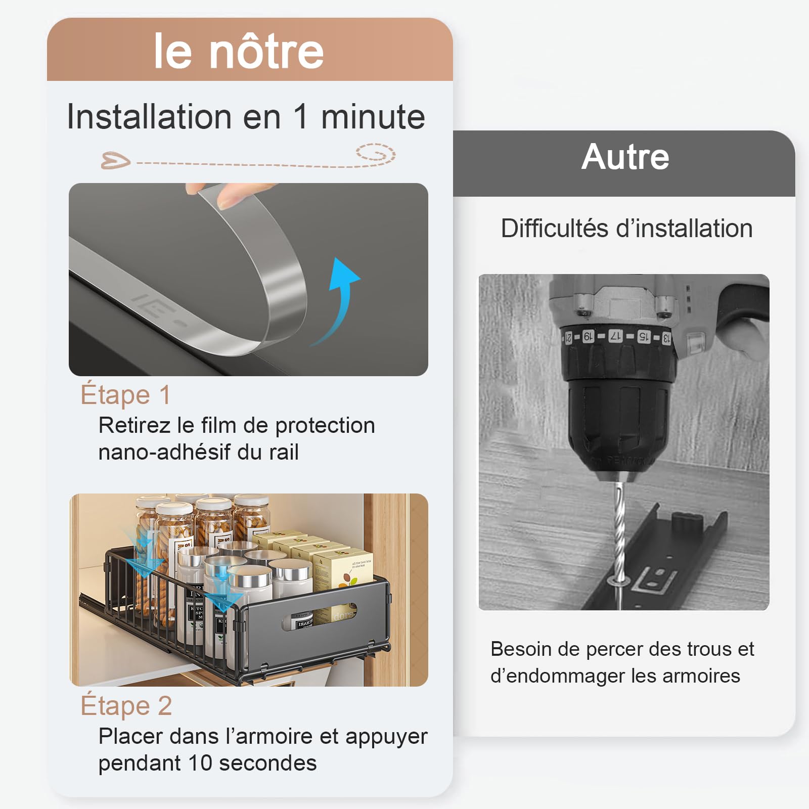 Organisateur de placard extensible pliable - Organiseur de tiroir extensible pour l'organisation des armoires de cuisine (Grand + Petit)