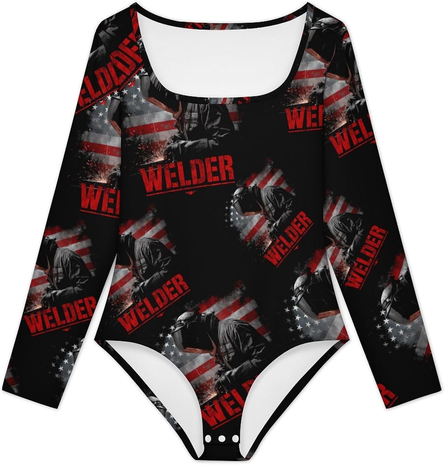 Vintage Welder Welding USA Flag Women's Bodysuits Long Sleeve Top 5XL