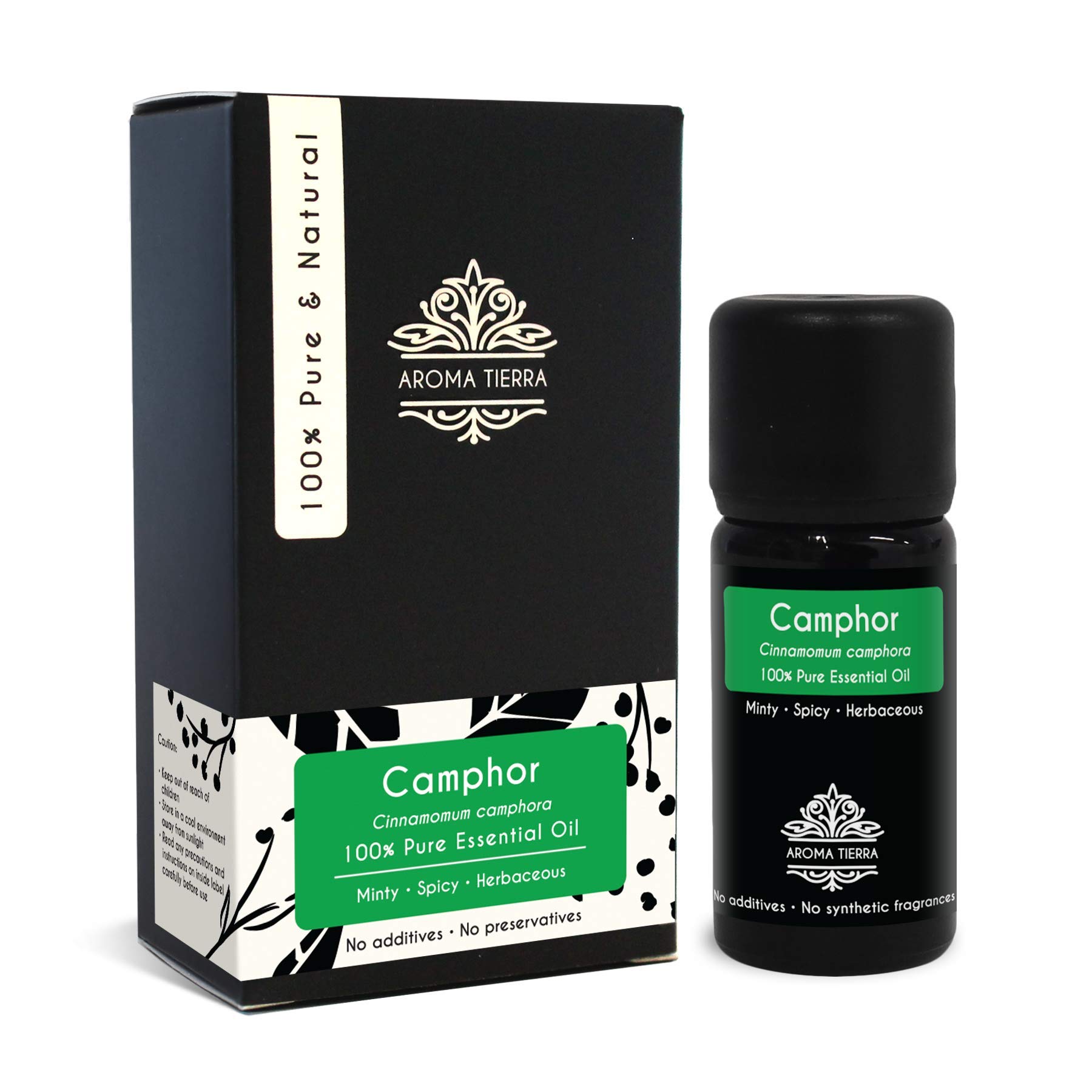Aroma Tierra Camphor Essential Oil 10ml - 100% Pure & Natural - Fresh, Camphoraceous & Minty - For Aromatherapy, Diffuser, Home, Skin Care, Wellness, Purifying Air & Rituals
