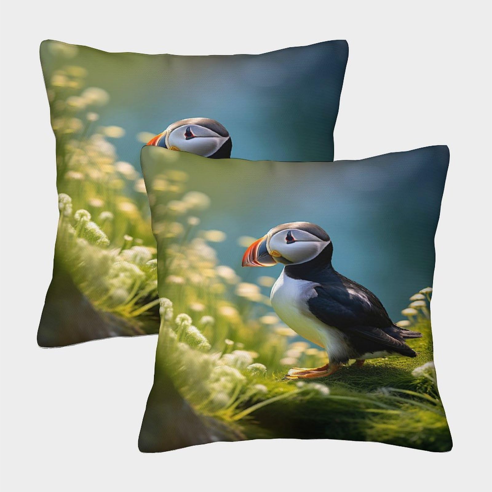 FELASBUID Puffin Bird—Nature Wildlife Scene Pillow Covers 2 Pack Cozy Pillowcase Available All Seasons Cushion Case with Invisible Zipper Decor for Couch Livingroom 50x50cm