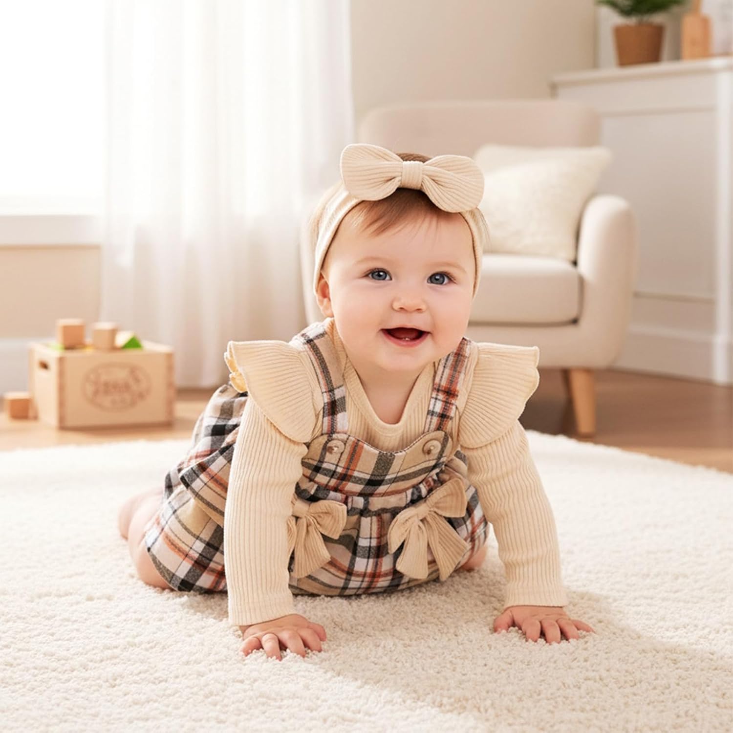 Baby Girl Clothes Fall Winter Outfit Long Sleeve Ruffle Romper Plaid Skirt Bow Headband 3 Pcs Set 0-18 Months - Image 3