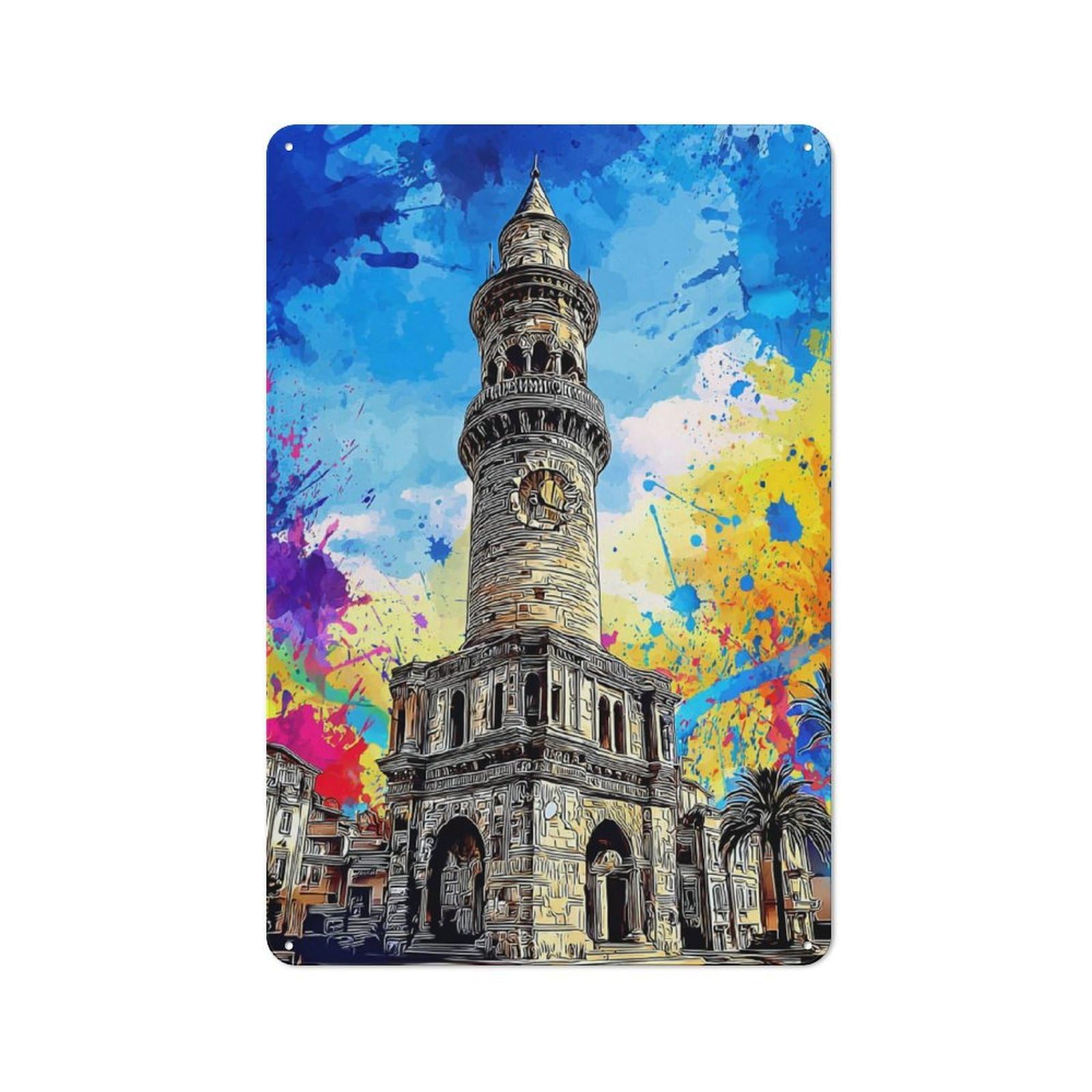Junmoney Colorful Clock Tower Illustration Tin Sign 30X20cm For Hallway Wall, Retro Wall Decor, Suited To New Home Decorators