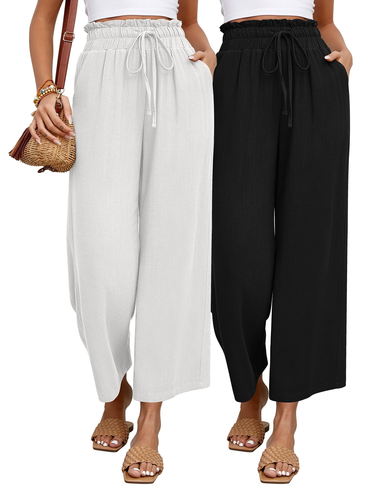 Riyiper 2 Pcs Women's Wide Leg Pants, Casual Linen High Waisted Cropped Trousers with Pockets Drawstring Loose Palazzo Pants