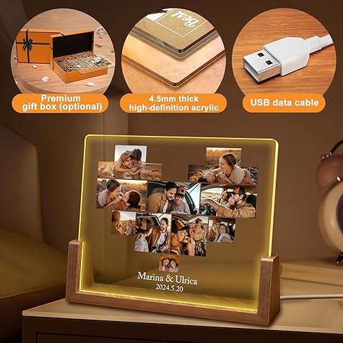 Miniatura 3 de Regalos de Placa Personalizados, Placa Acrílica Personalizada con Foto, Regalos del Día del Aniversario para Parejas, Marco de Nogal Siete Colores