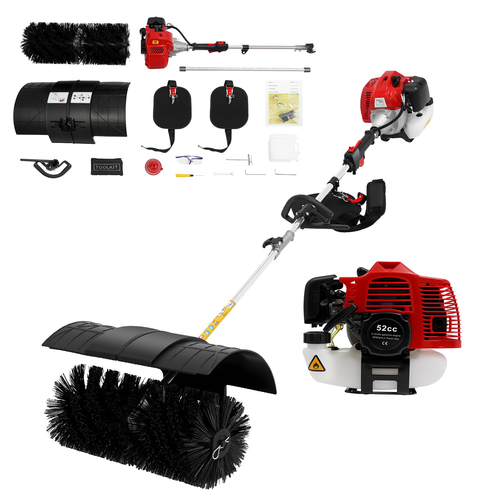 52CC Kehrmaschine Benzin Motorbesen mit 2,3PS 2-Takt Motor | 1,7kW Benzin Motorbürste für Laub,Rasen & Schnee | Tragbare Handkehrmaschine mit 52cm Bürstenbreite, Schultergurt & Schutzbrille