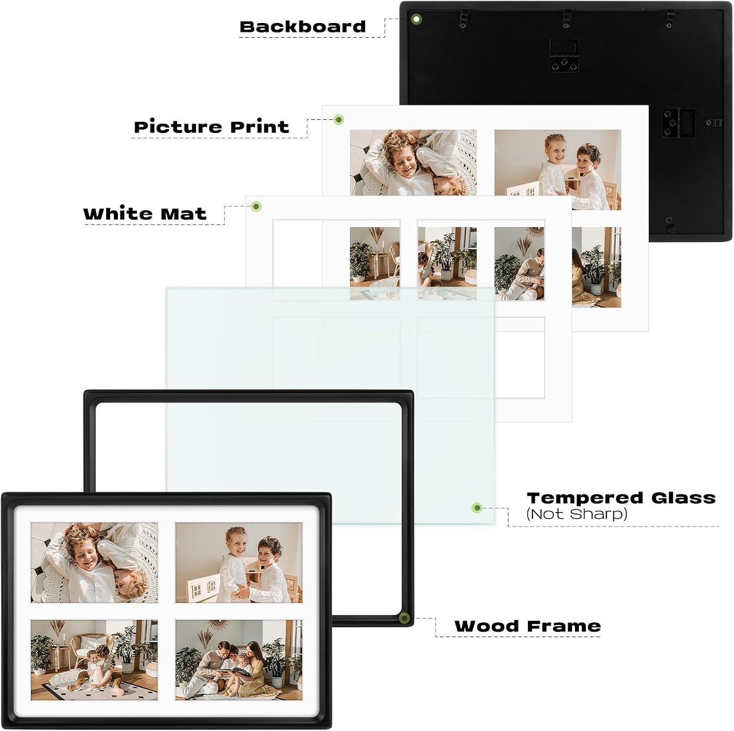 Golden State Art, 4x6 Collage Picture Frame - Solid Wood with Real Glass - Multi Picture Frame for (4) 4x6 Photos or One 9.5x13.5 Print - Rounded Corner Design - Collage Wall Decor - Black