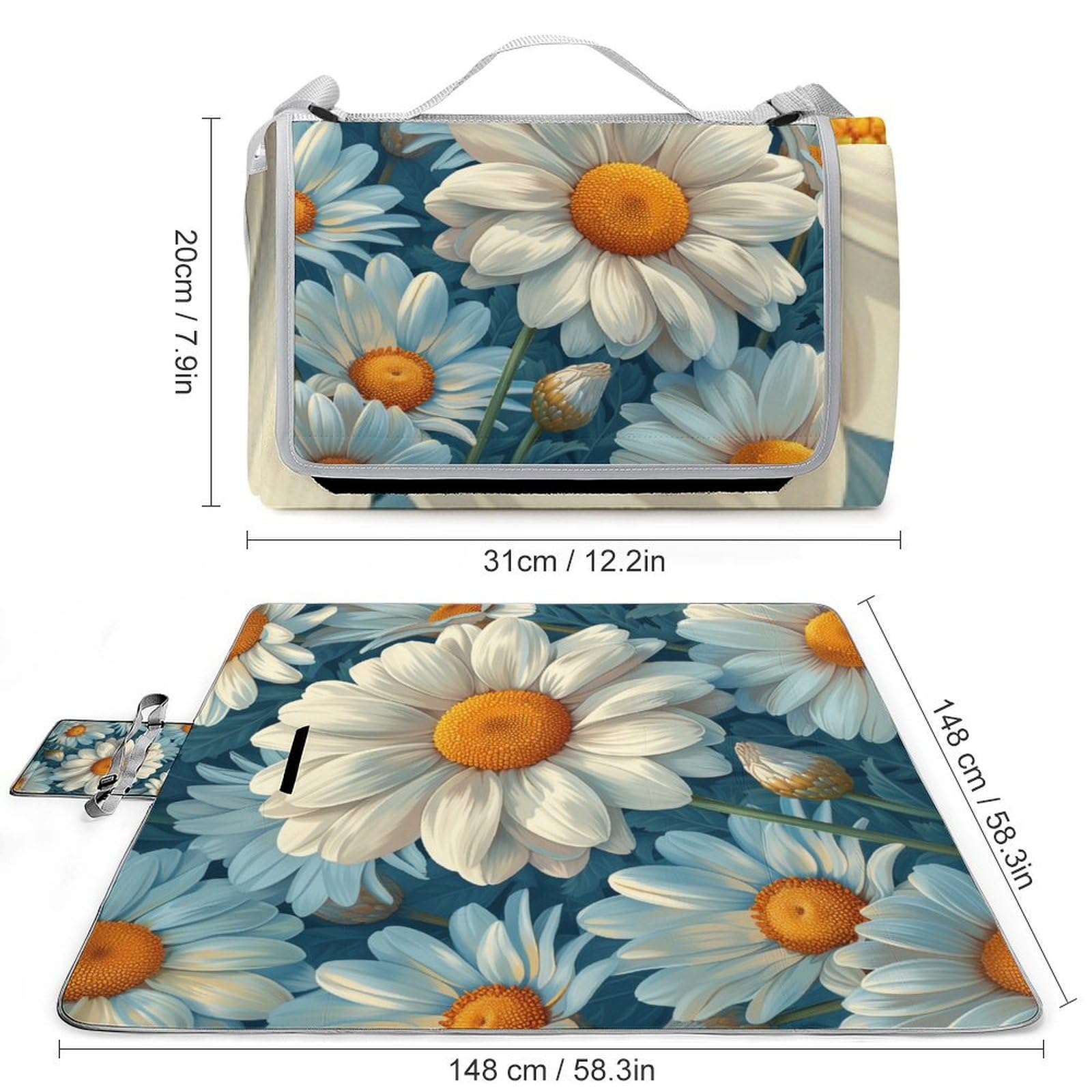 3D Impression Marguerites Couverture Pique Nique Fleurs Tapis Pique Nique Nappe Picnic Couverture De Pique-Nique pour Camping, Parc, Jardin 148x148cm