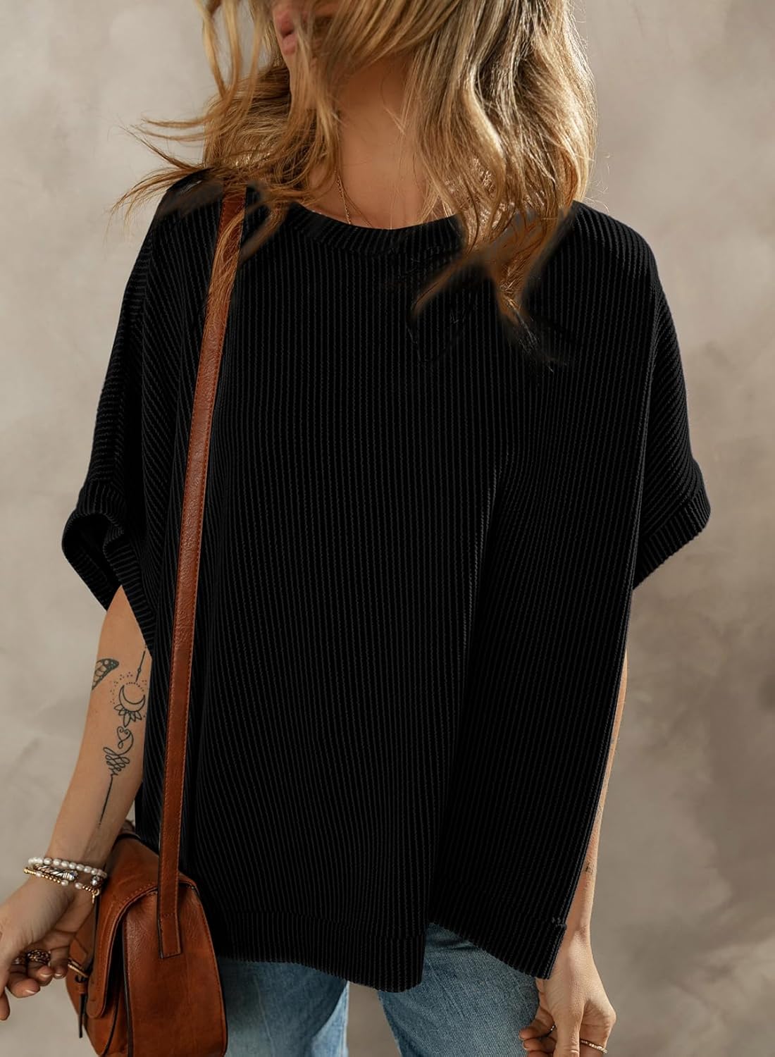 Dokotoo Women's Casual Oversized Short Sleeve Solid Color Loose Texture Knit Tunic Tops Blouses - Image 4