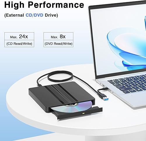 Miniatura 2 de Unidad externa de CD/DVD para portátil, unidad de DVD USB, lector externo de grabadora de CD para portátil, DVD/CD-ROM +/-RW Disco, unidades ópticas