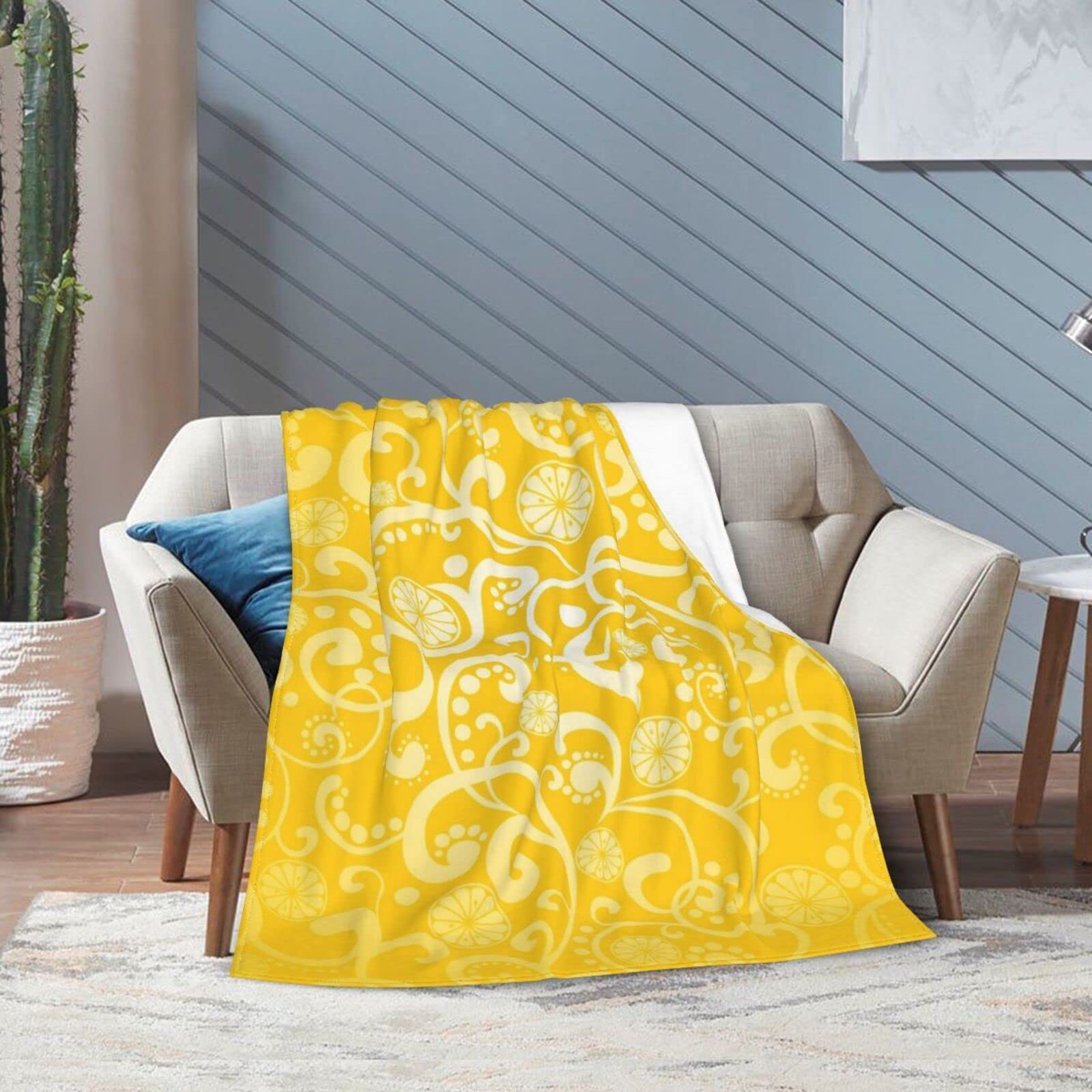 Amazon｜毛布 黄色 北欧 レモン柄 抽象 ペイズリー アニメ ひざ掛け