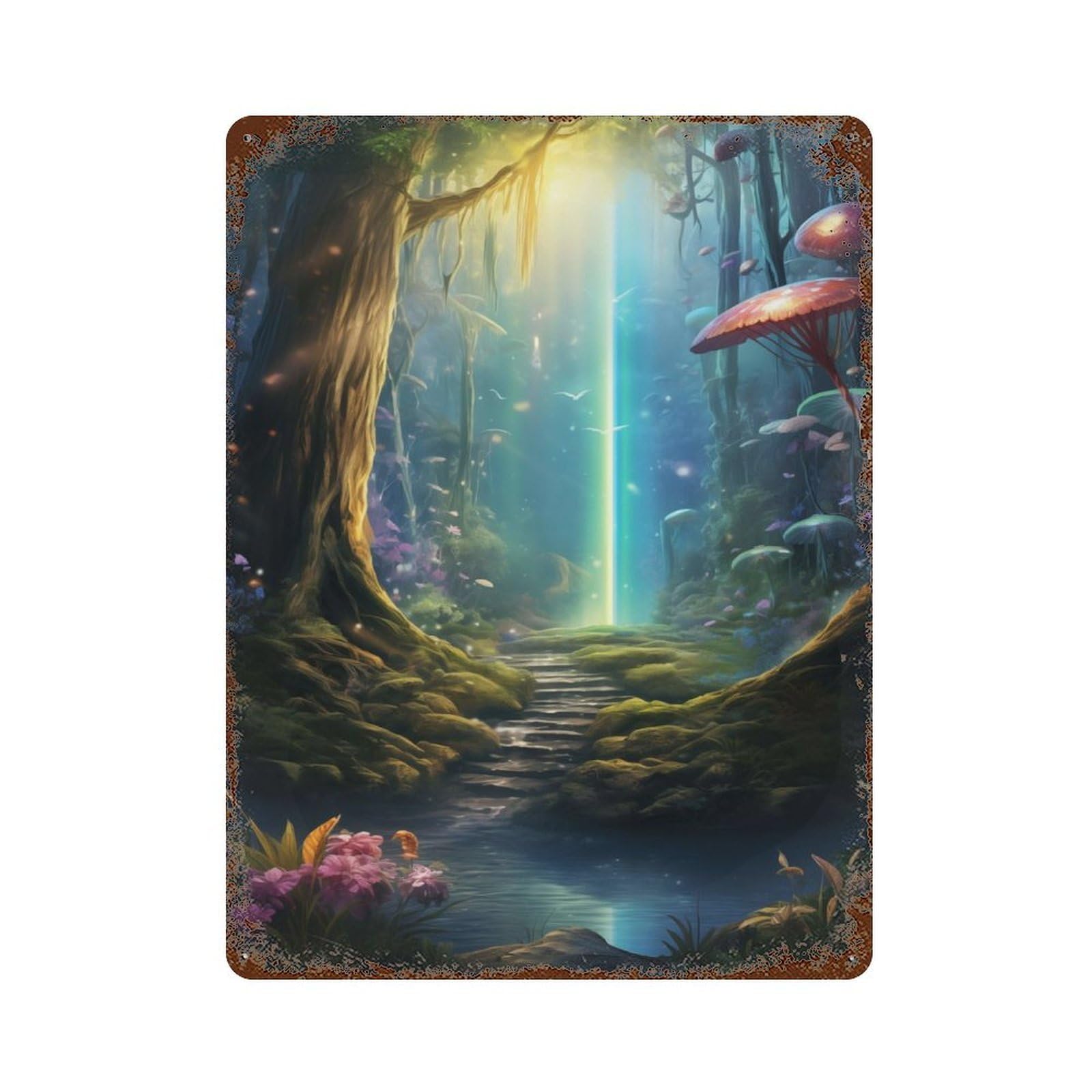 Mystical Enchanted Forest Aged Metal Wall Plaque 15.7"x11.8", Industrial Home Decor for Pub, Kitchen And Man Cave Decor