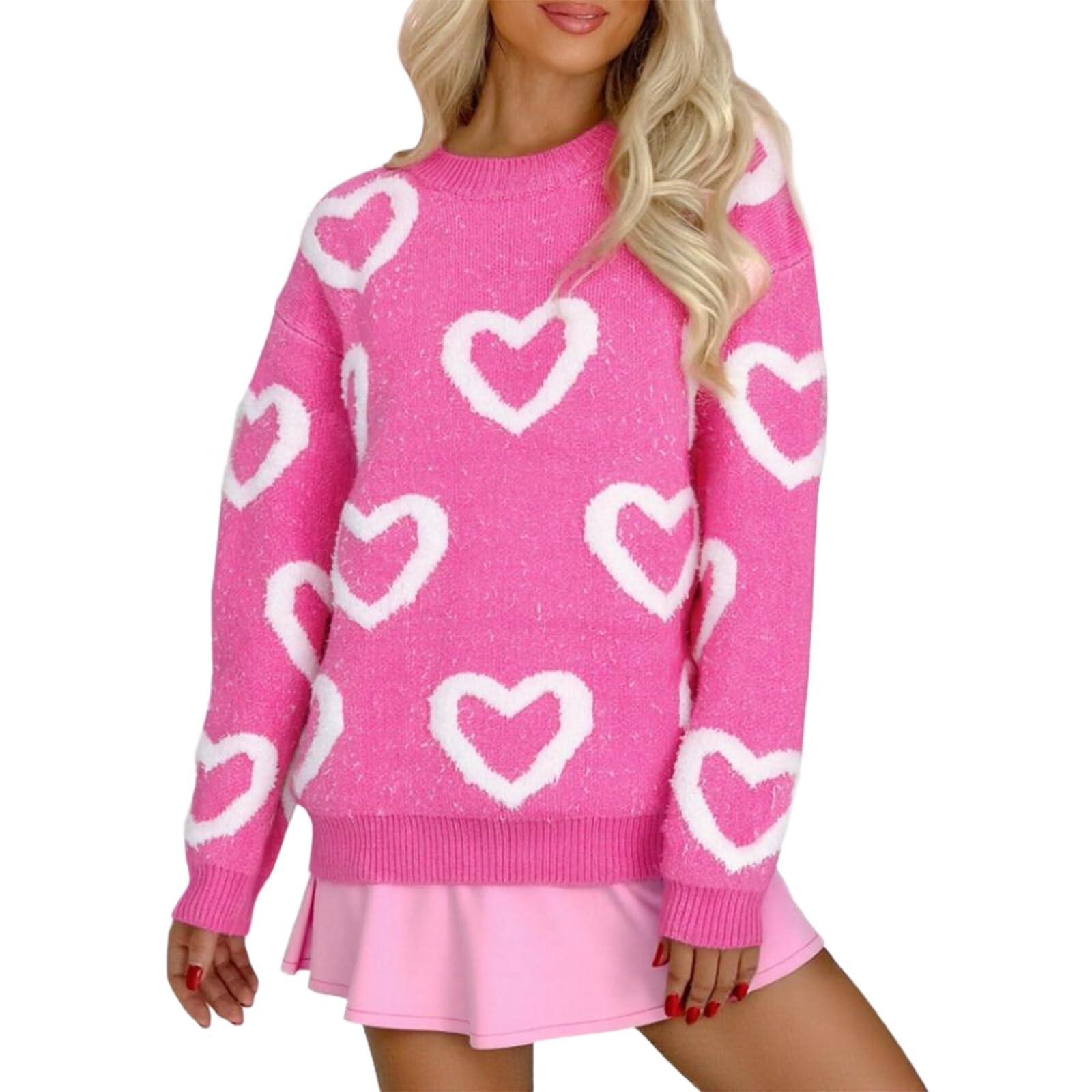 Women Valentines Day Sweater Long Sleeve Embroidery Heart Sweater Oversized Knitted Pullover Jumper Tops