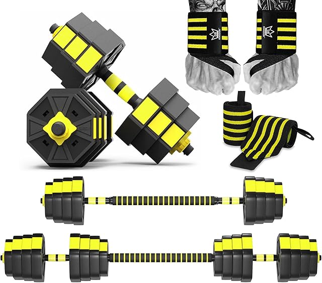 Kingdom GB Adjustable 2in1 Weights Dumbbells Training Set With Straight Rod for Barbell Exercise Home Gym Weight Lifting 10KG 20KG 30KG 40KG with Pair of Hand Wraps