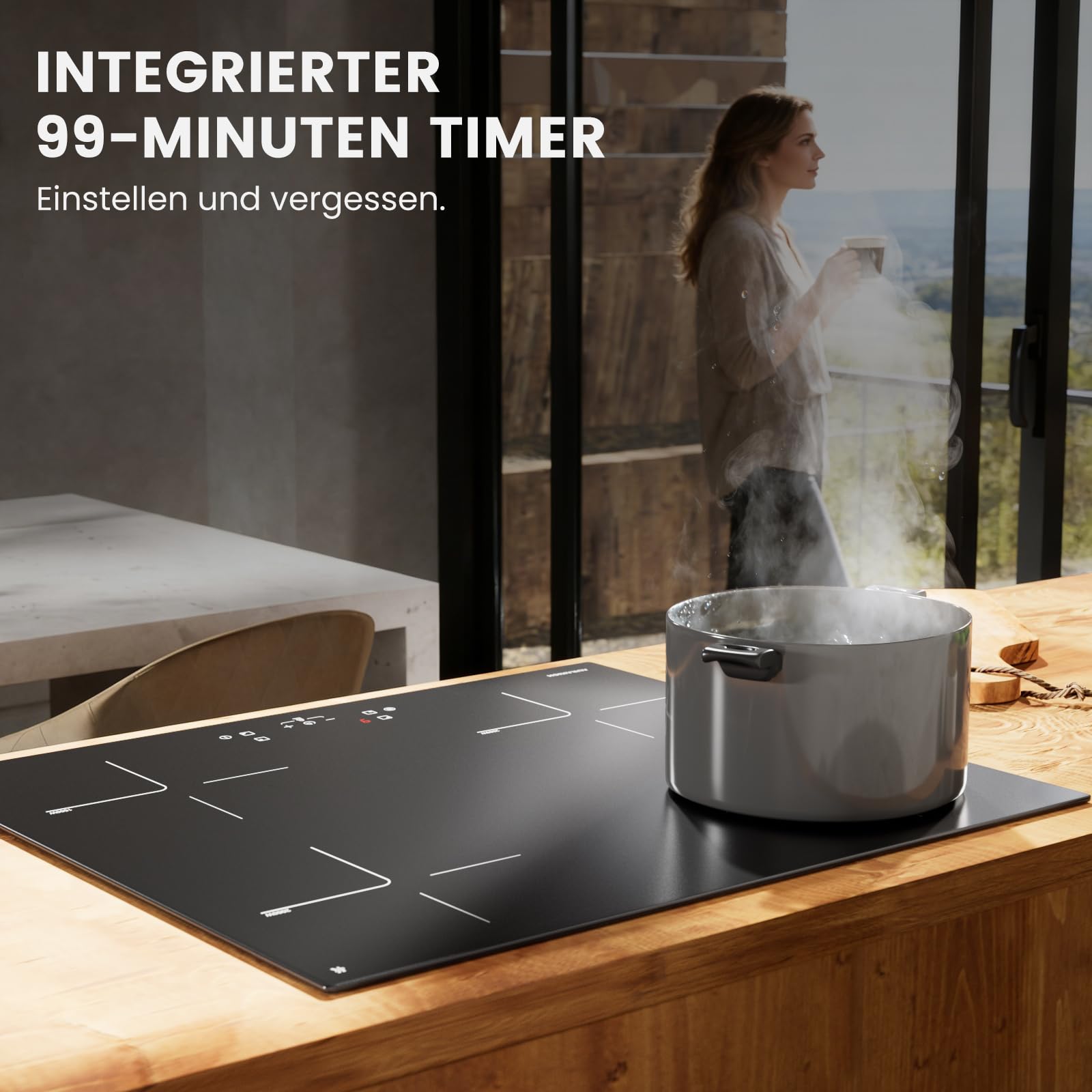 Induktionskochfeld 60cm autark - 4 Zonen Einbau Induktionskochplatte mit Kratzfeste Glaskeramik & Ceranfeldschaber, 2 x Booster, 7000W, Touch-Control, 2 Jahre Garantie