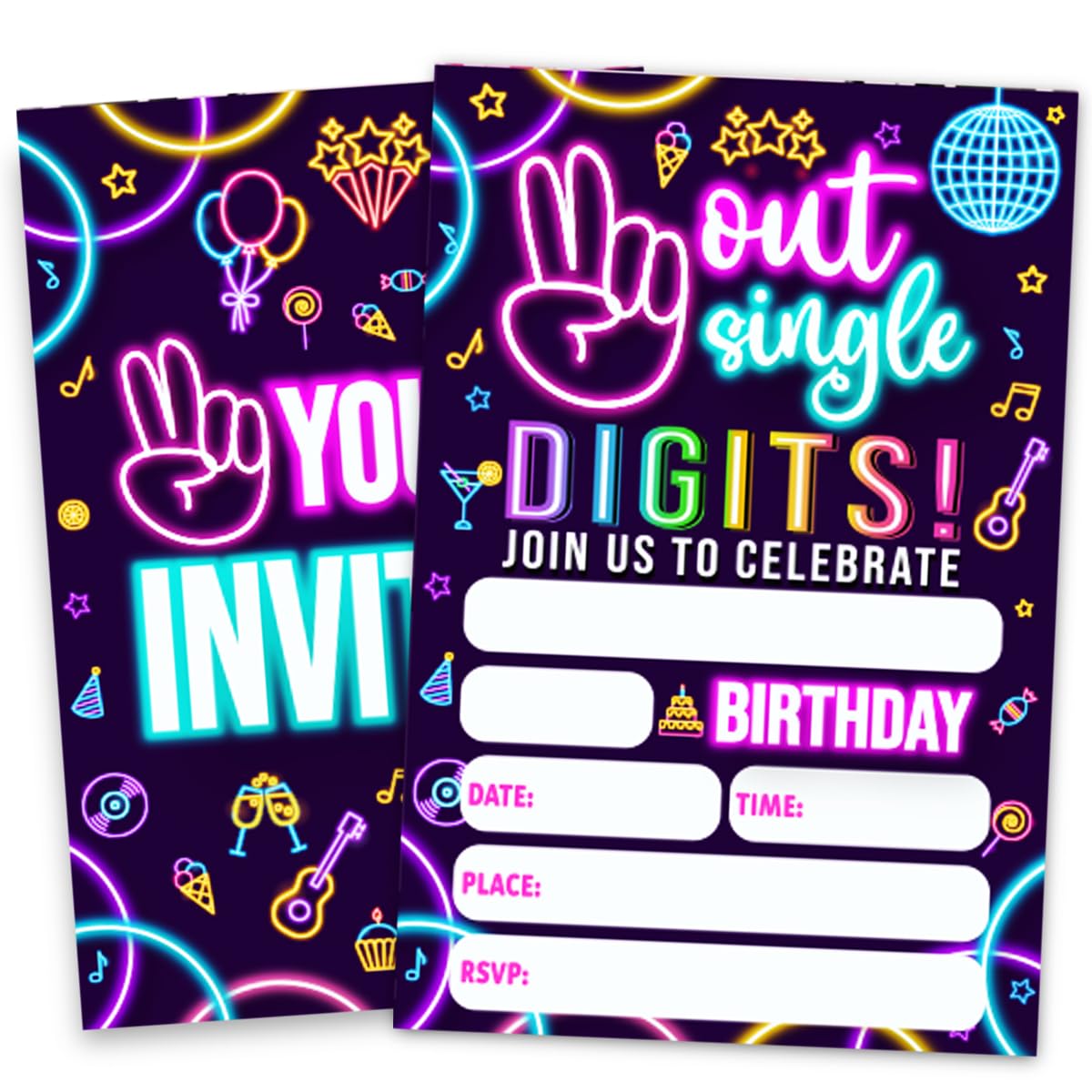 Doguiei Neon 10th Birthday Party Invitations, Peace Out Single Digits Party Invitations Card for Boys Girls (30 Cards & 30 Envelopes)
