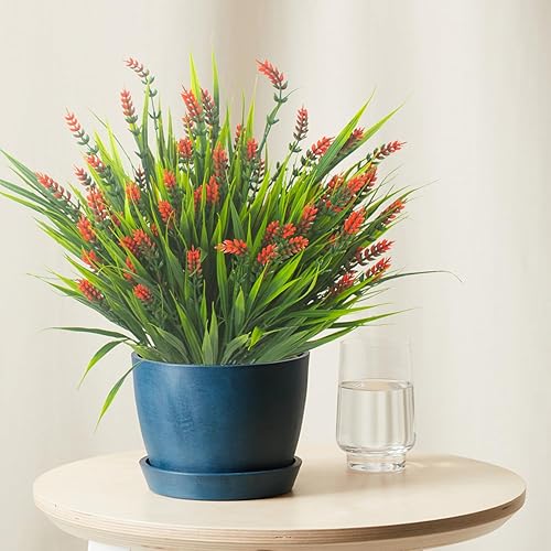 Miniatura 2 de 12 paquetes de plantas artificiales para exteriores, hierba falsa de mono con flores (rojo)