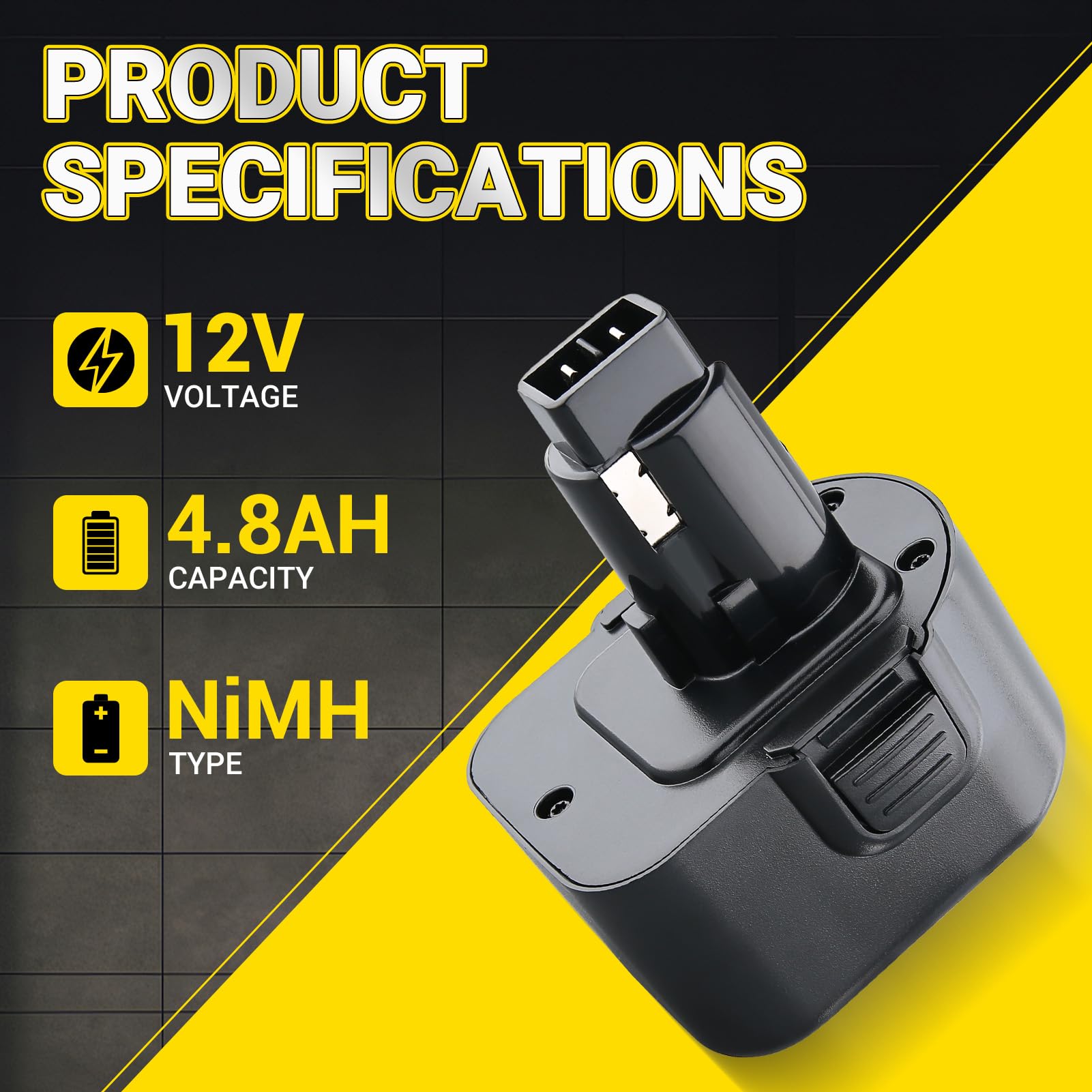 Lot de 2 pièces de rechange NiMH 12 V 4,8 Ah pour Dewalt DC9071 DE9074 DE9501