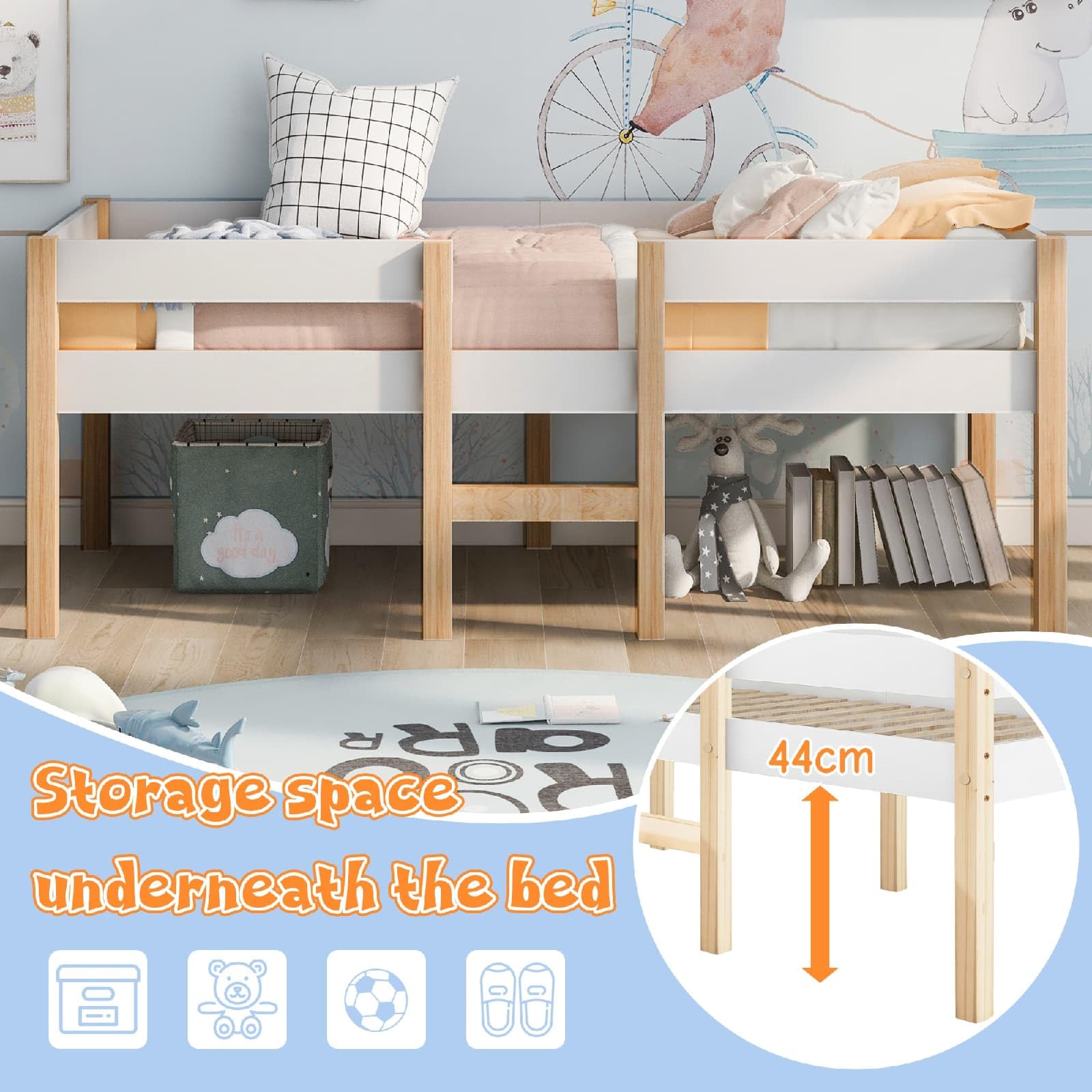 PUGSDRLY Lit d'enfant 90x190cm,Lit mi Hauteur avec Clôture de Sécurité et 2 Grands Tiroirs de Rangement,Cadre de Lit avec Sommier à Lattes en Bois,Lit Mezzanine Enfant(sans Matelas) (90x190-B)