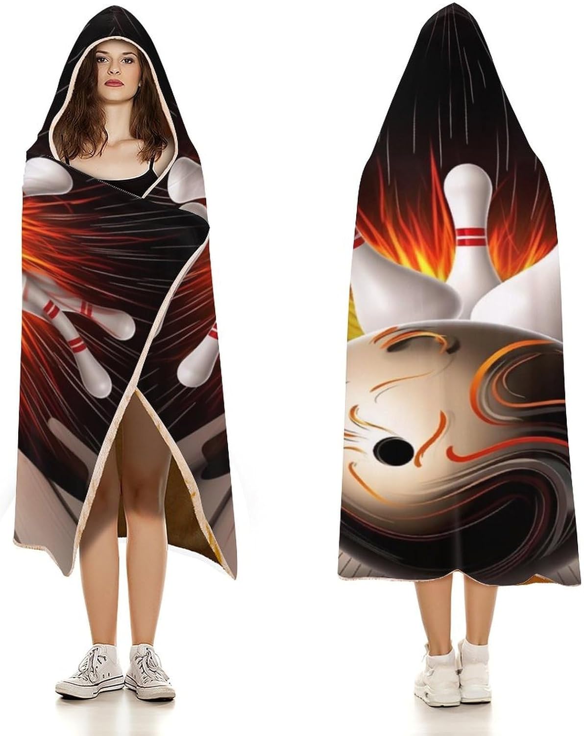 Vintage Sport Bowling Ball Wearable Fleece Blanket with Hood for Men & Women Oversized Hoodie Blanket Soft Cozy Gift-