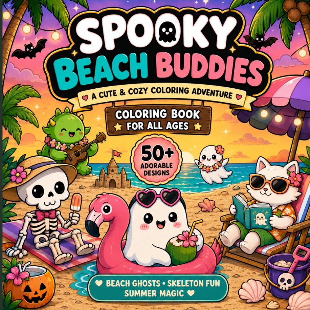 Spooky Beach Buddies: A Cute & Cozy Coloring Adventure