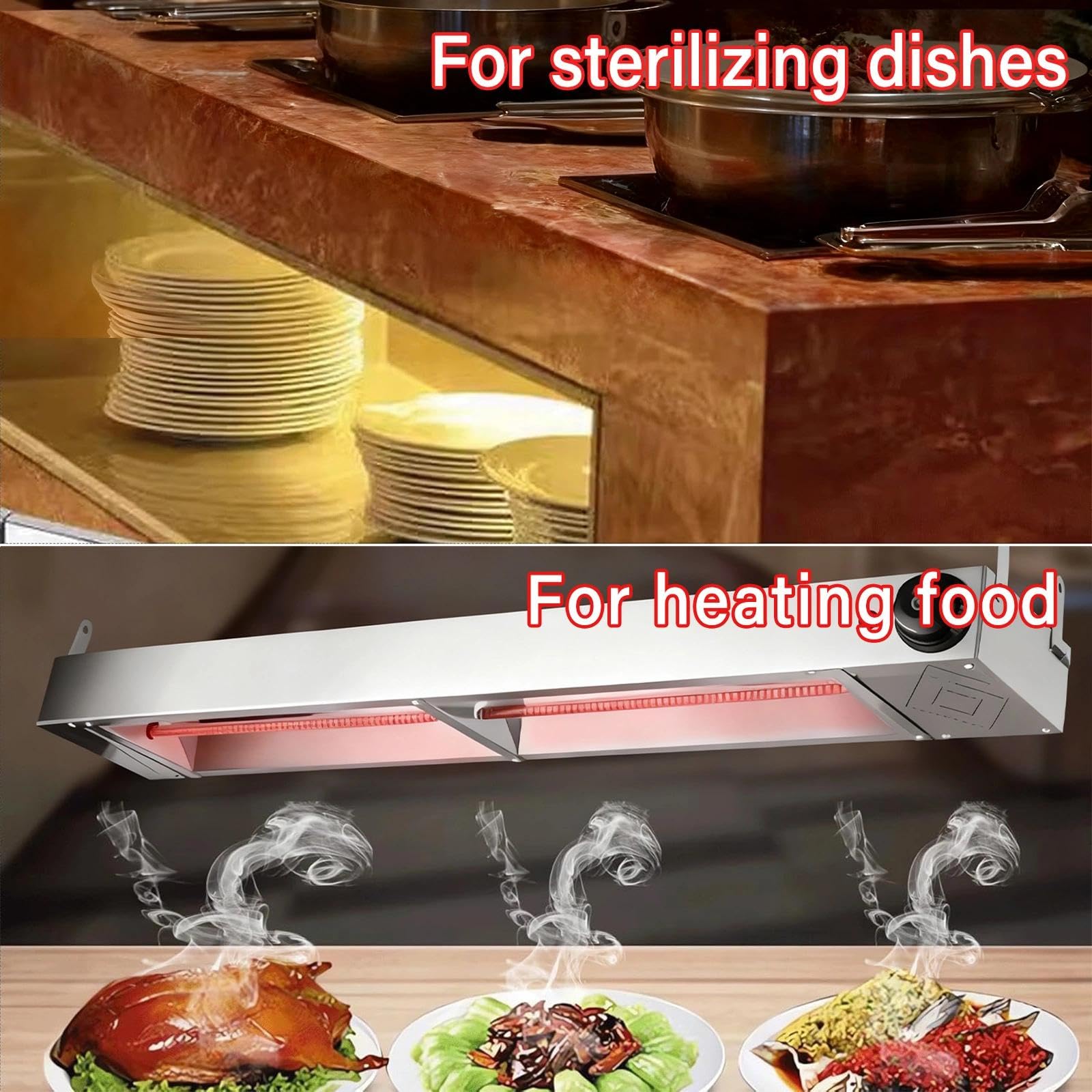 Lampara de Calor de Alimentos, Lampara Calentador Comida para Buffet, Restaurante, Cantina, Pizza, Calentador de Alimentos Acero Inoxidable Colgante Temperatura Ajustable(30-85℃)(60cm)