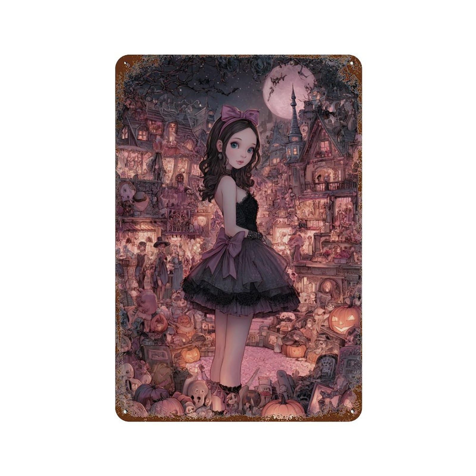 Halloween Fantasy Village Vintage Rust Metal Sign 11.8"x7.9", Farmhouse Wall Decor for Garage, Pub Or Kitchen