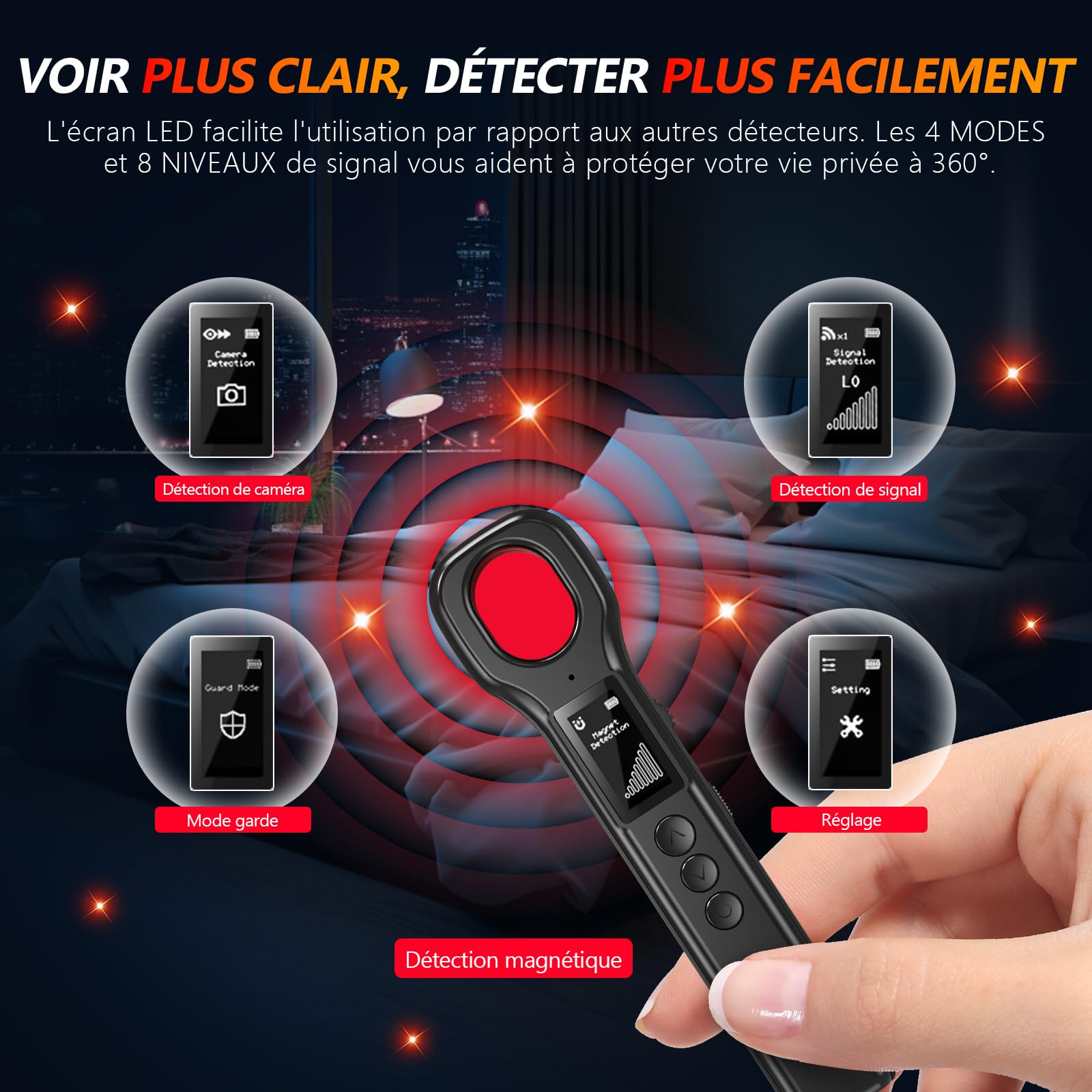 LONGYI Détecteur de Micros, Détecteur de Caméras Professionnel pour Détecter Les Caméras Cachées, avec écran LED HD, jusqu'à 10 Heures d'autonomie, idéal pour Les Hôtels
