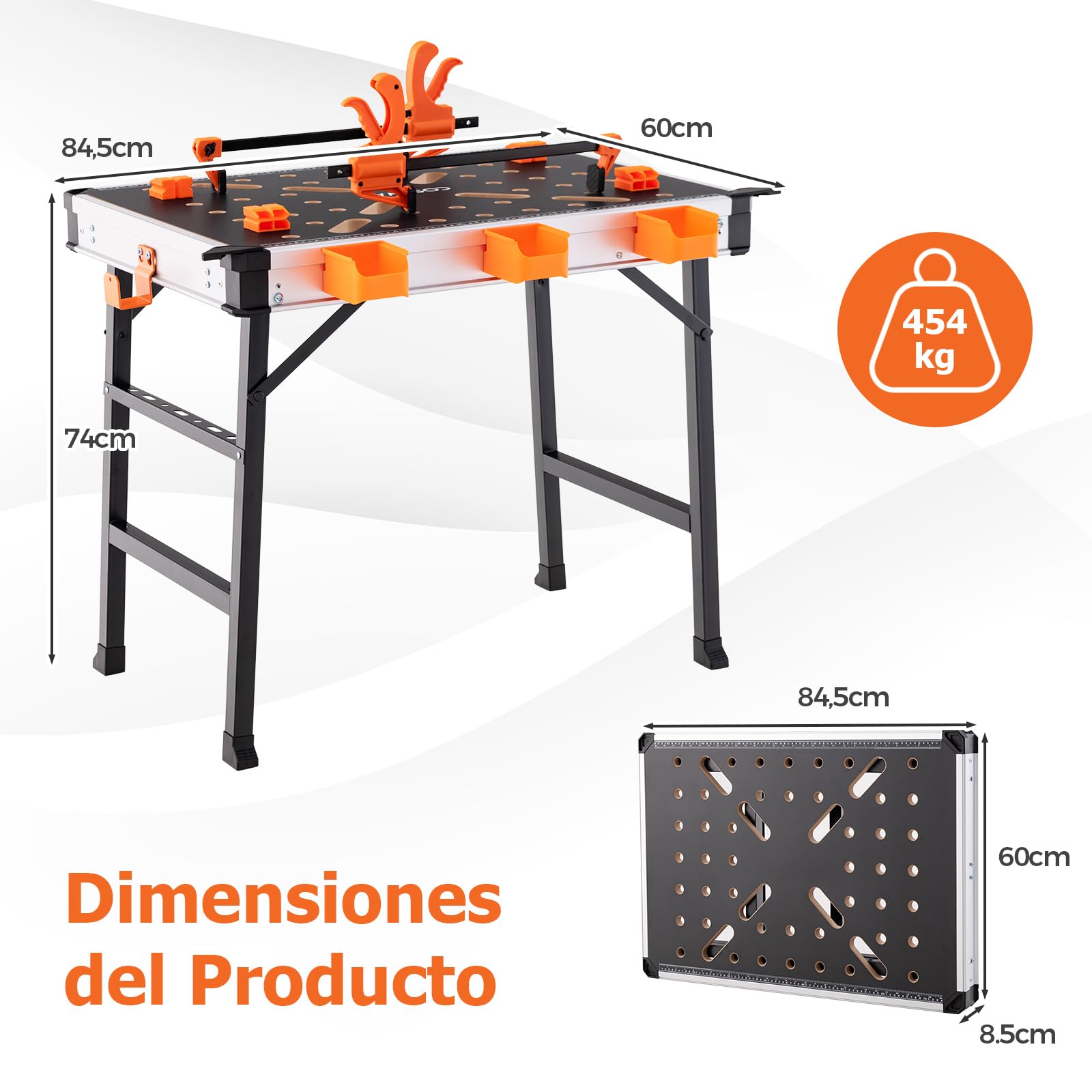 COSTWAY Banco de Trabajo Plegable, Soporte de Metal Resistente de 454 KG, Banco de Carpintería para Garaje, Taller de Reparación (84,5 x 60 x 74 cm)