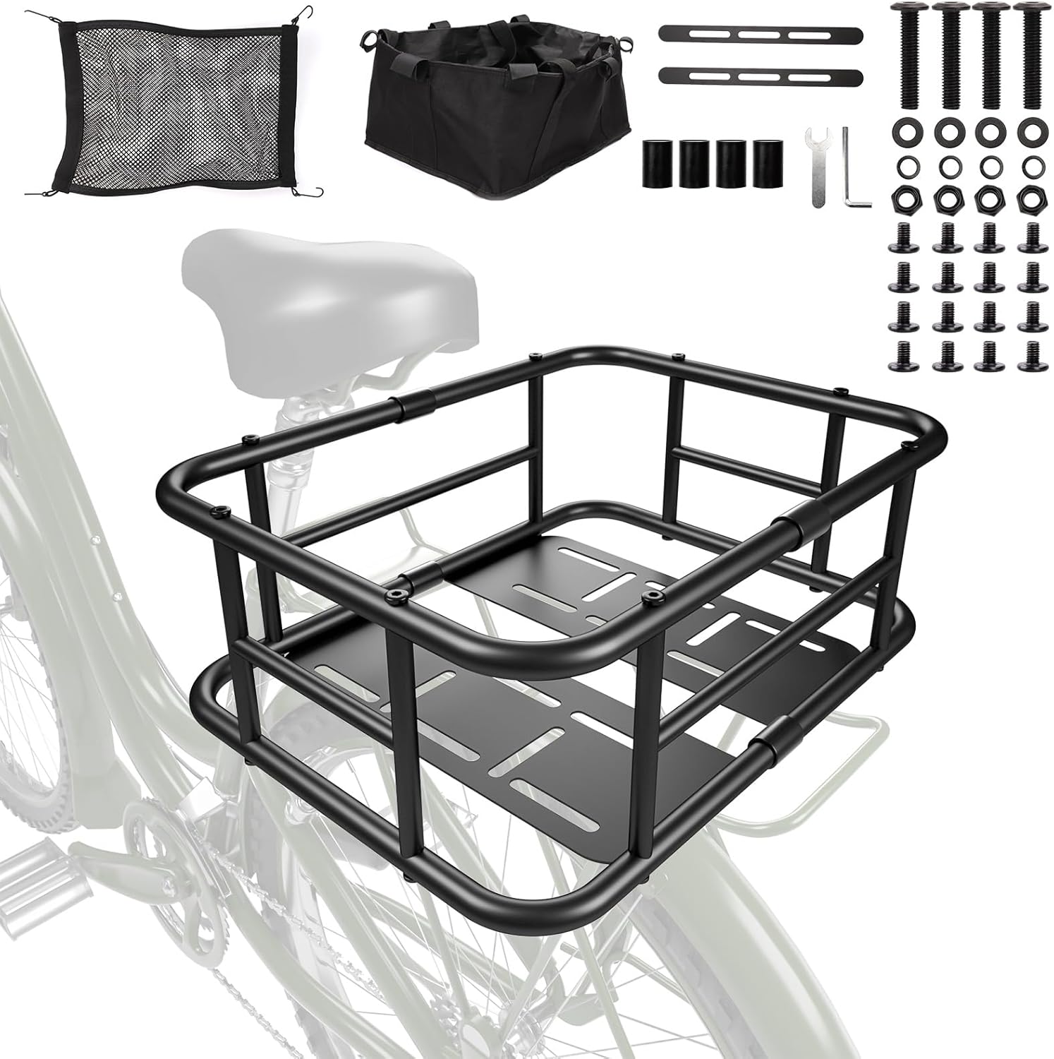 Bike Basket Rear | Bicycle Rear Basket with Liner,Waterproof Cover,Cargo Net | Bike Basket Rear for Most Bikes and E-Bike,Great for Bike Trip,Carrying Grocery,Ball,Dog