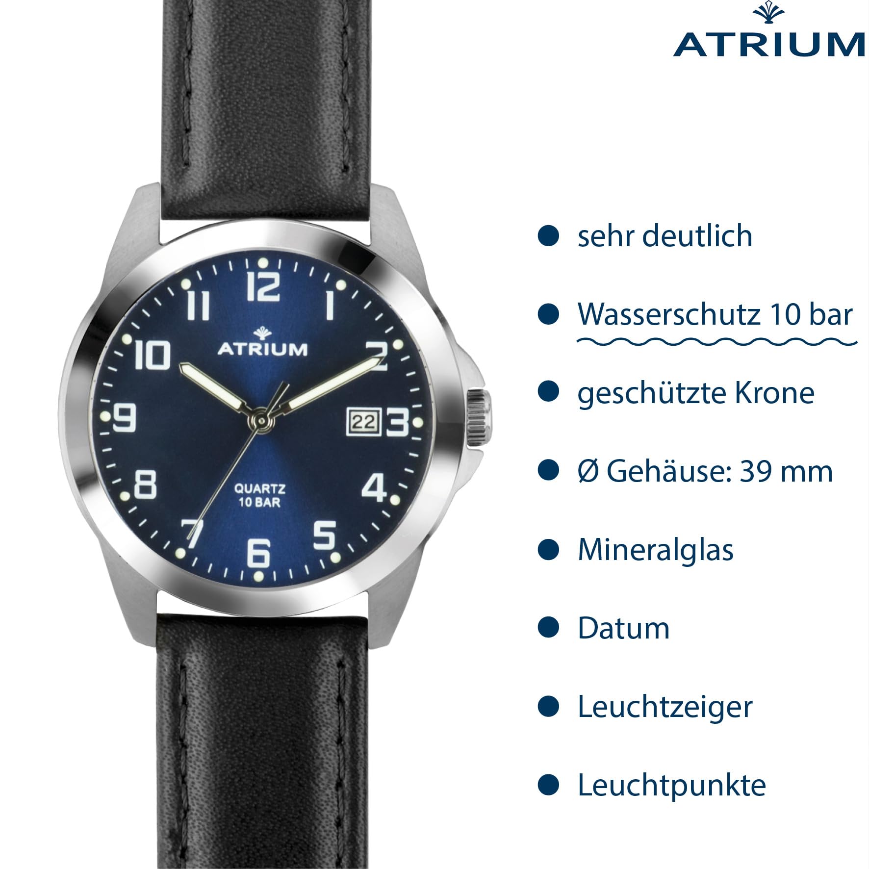 Atrium Herren-Armbanduhr Edelstahl silberfarben Analog Quarz 10 bar mit Datum, Leuchtzeiger, sehr deutliches Zifferblatt Dunkelblau und Lederband schwarz A16-15