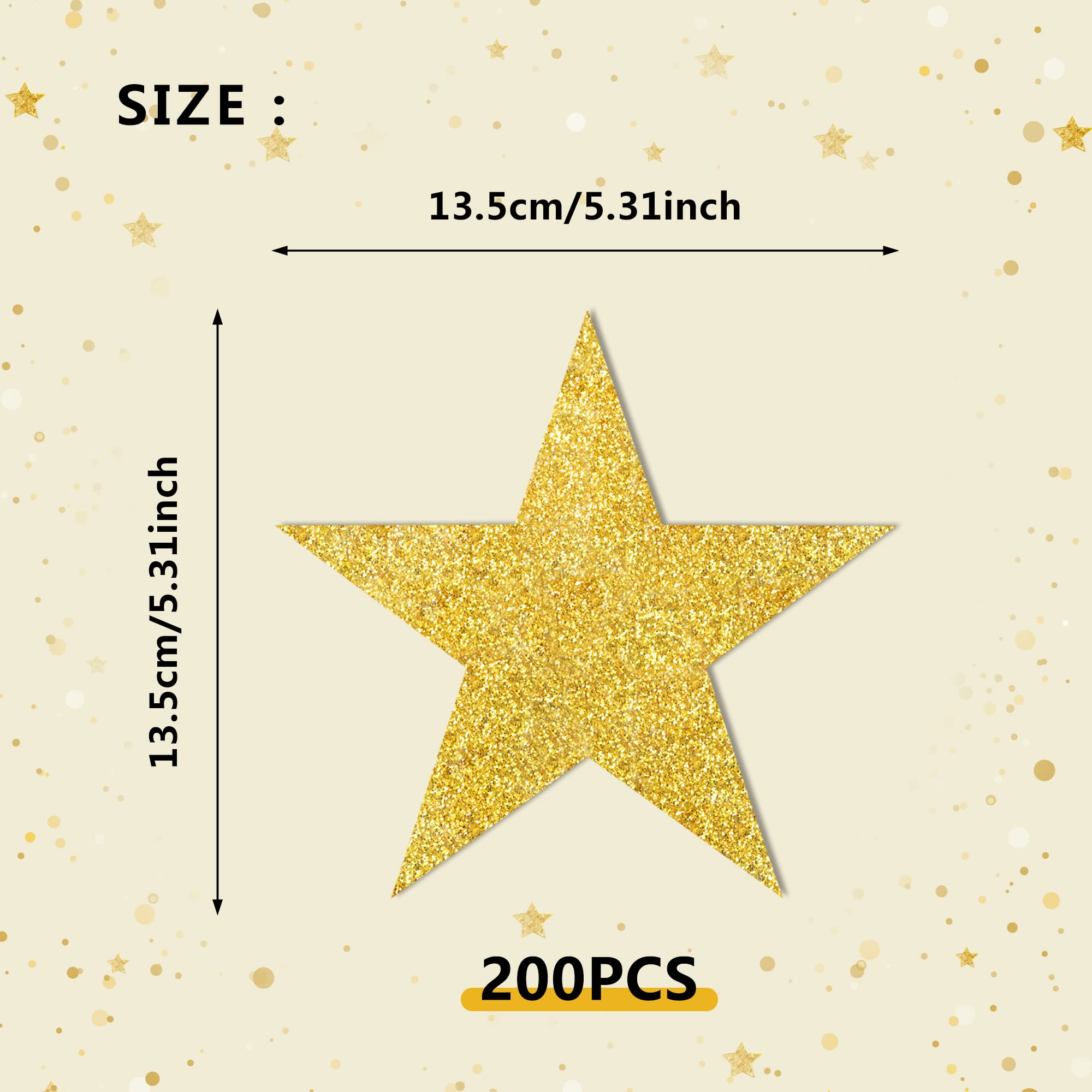200 PCS Glitter Gold Five Star Cutouts Paper Star Confetti Cutouts Gold Stars Cutout for Bulletin Board Accents Classroom Wall Party Decoration Supply