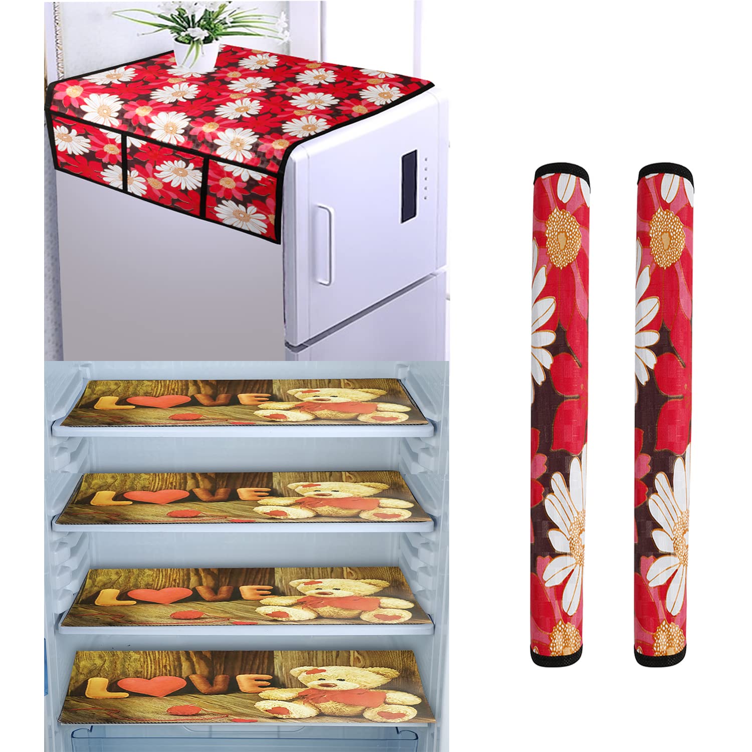 WISHLAND® 1 Pc Fridge Cover for Top with 6 Pockets + 2 Handle Cover + 4 Fridge Mats(Fridge Cover Combo Set of 7 Pcs)