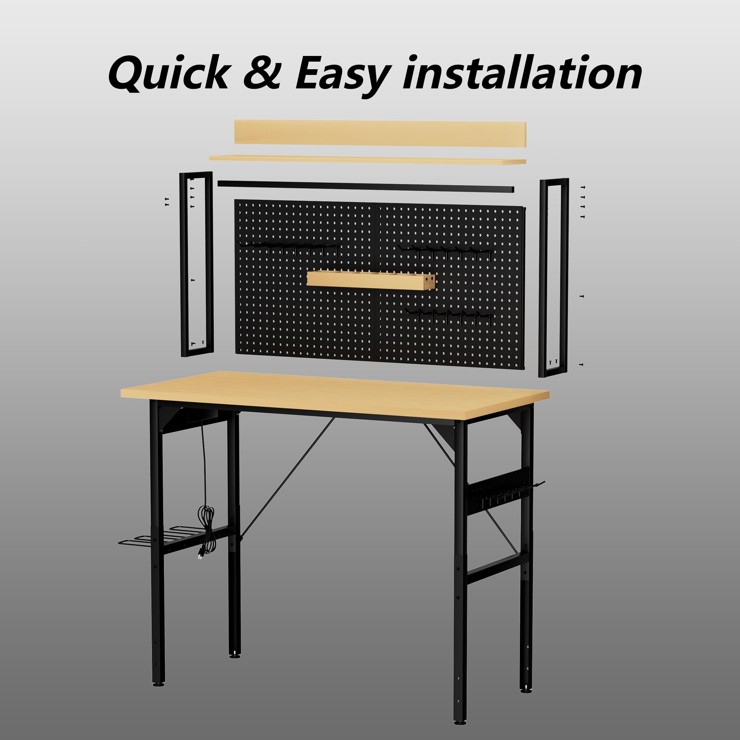 Banco de trabajo regulable en altura de 120 cm con pared perforada, banco de trabajo enrollable con ruedas, enchufes, USB y Type-C, mesa de taller con gancho y estante, banco de trabajo pesado para