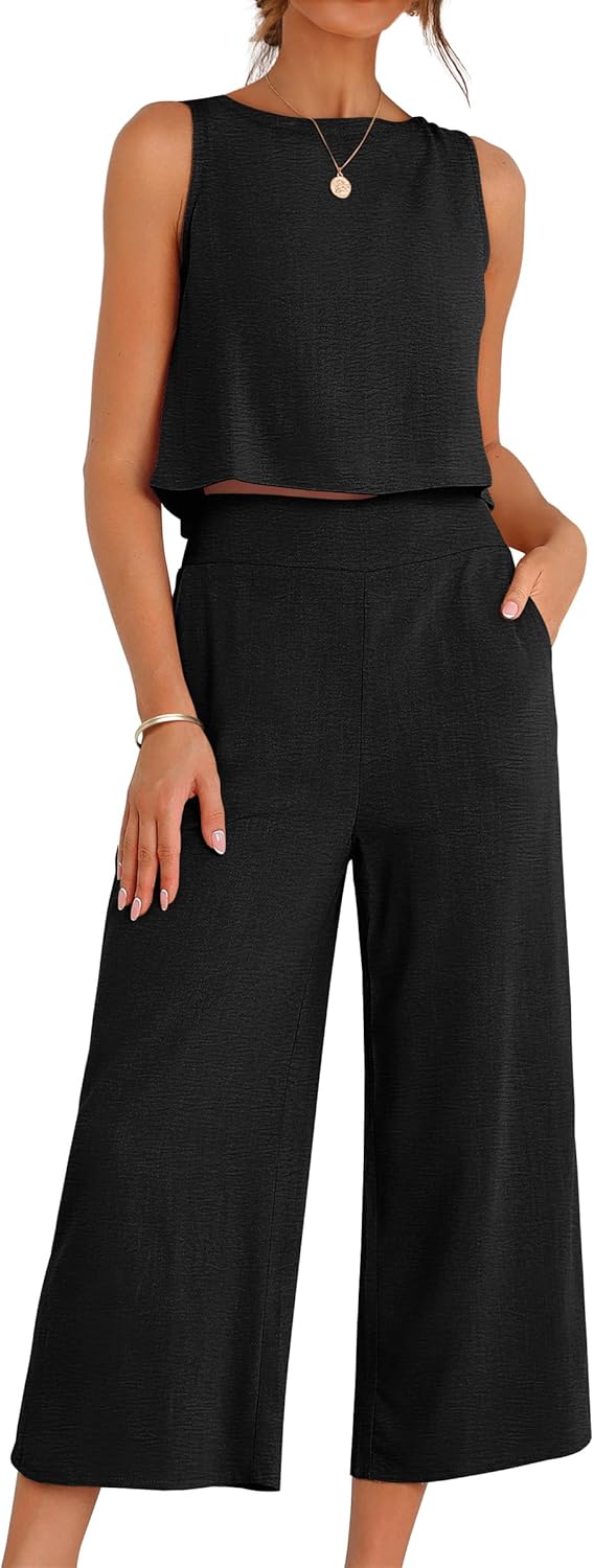 ANRABESS Women Lounge Sets 2 Piece Outfits Summer Sleeveless Crop Tops Capri Wide Leg Pants Vacation Beach Travel Sets
