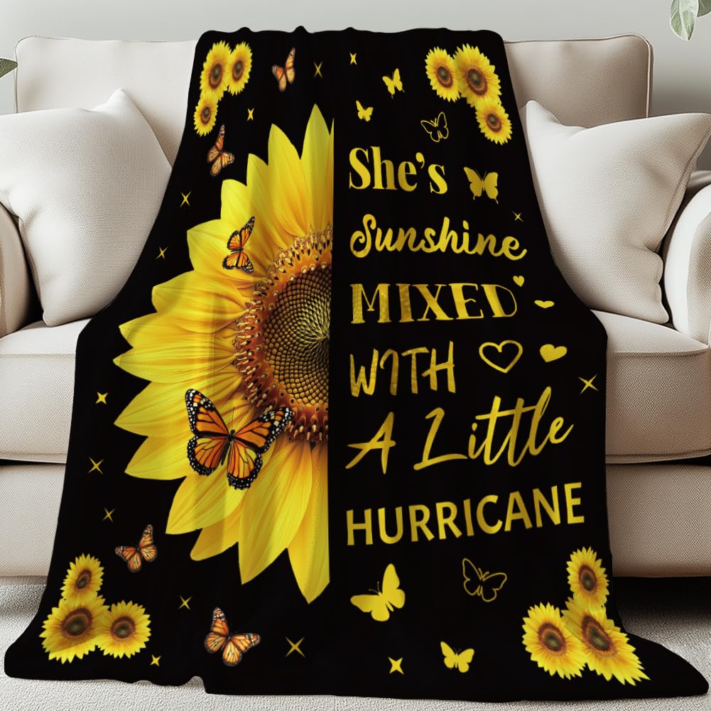 GLOBLELAND Sunflower Text Throw 59×51 inch Butterfly Flowers Soft Cozy Flannel Blanket Washable Fuzzy Throw Blanket for Home Office Room Bed Sofa Chair Women Man Gift
