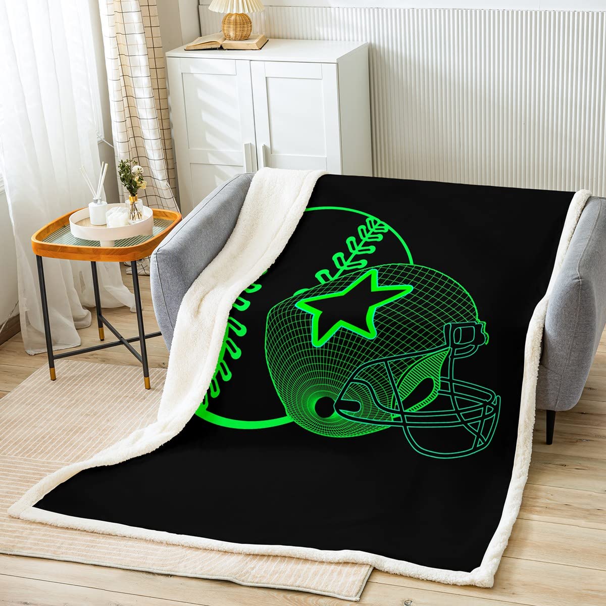 Coperta da baseball Sherpa Coperta da baseball a tema sportivo in pile per bambini Verde Neon Baseball Gaming Coperta in peluche Decorazione ultra morbida Berretto da baseball Coperta calda Fuzzy