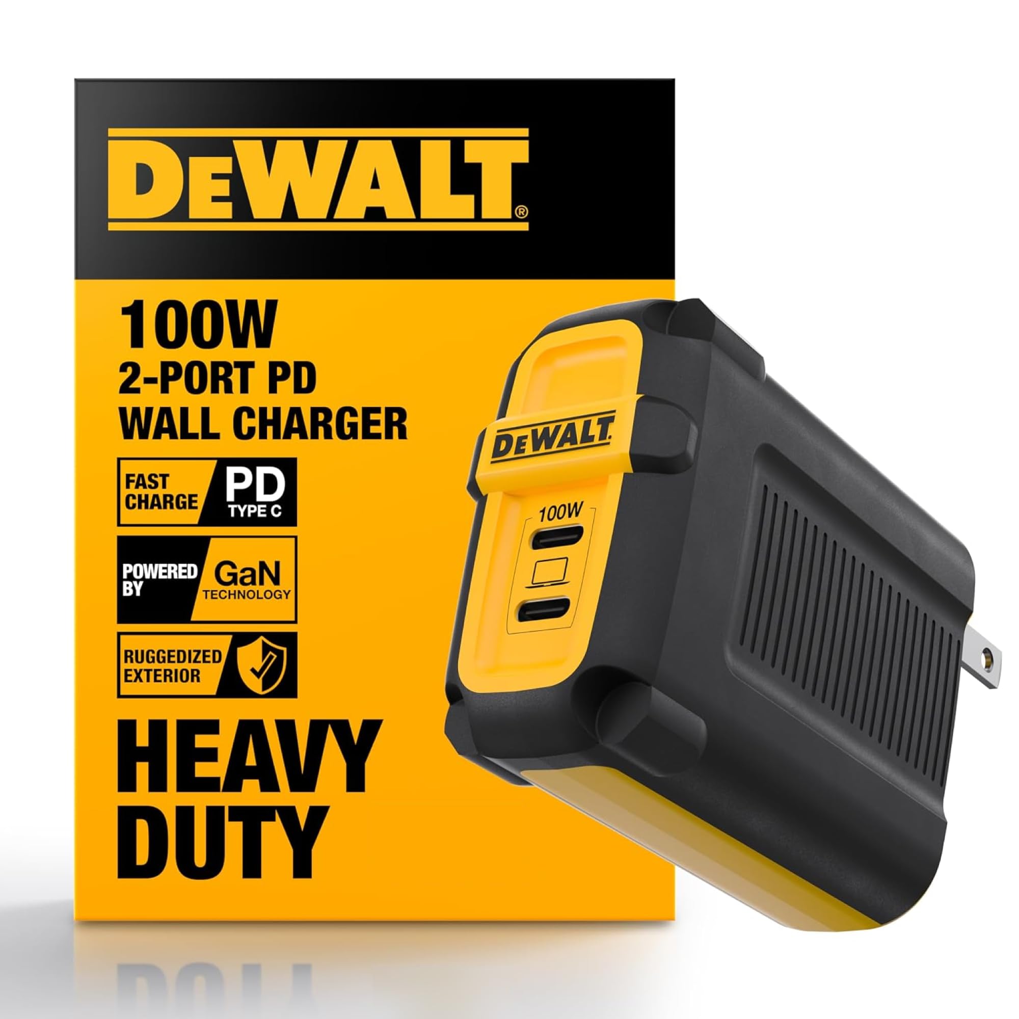 DEWALT Cargador USB C (GAN) de 100 W compacto de 2 puertos para MacBook Pro, MacBook Air, Google Pixelbook, ThinkPad, Dell XPS, iPad Pro, Galaxy S22/S20, iPhone 16/15/14/Pro