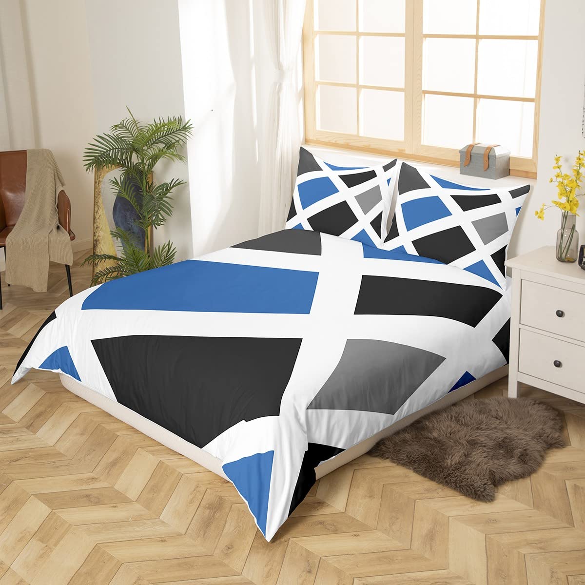 Loussiesd Set de ropa de cama geométrica abstracta para niños, funda de edredón moderna con rayas para niños, mujeres y hombres, decoración de triángulo gris y azul, funda de cubrecama, colección de 3